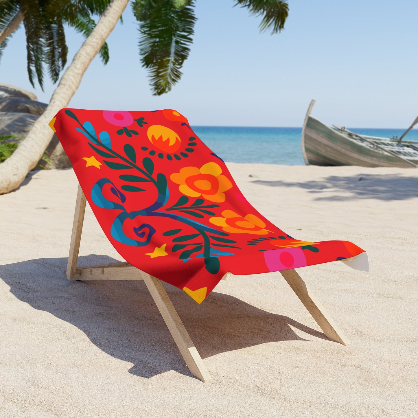 Bloom by the Shore Beach Towel – Red Floral Folk Art Towel | Bold Summer Essentials by Stardust Cove