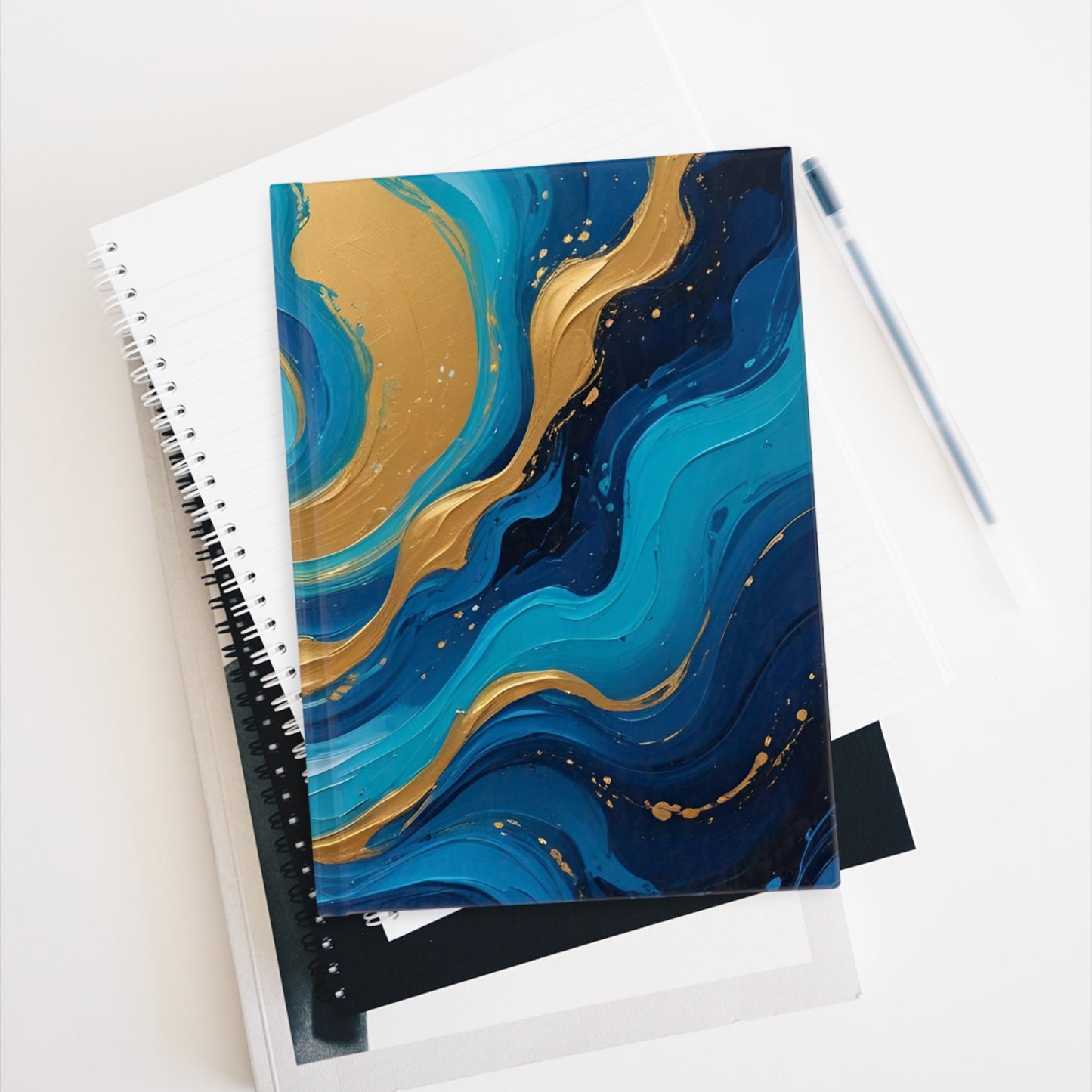 Tide Dreams Journal – Celestial Ocean Abstract Hardcover Notebook, Blue and Gold Swirl Gift for Writers, Dreamers, and Artists