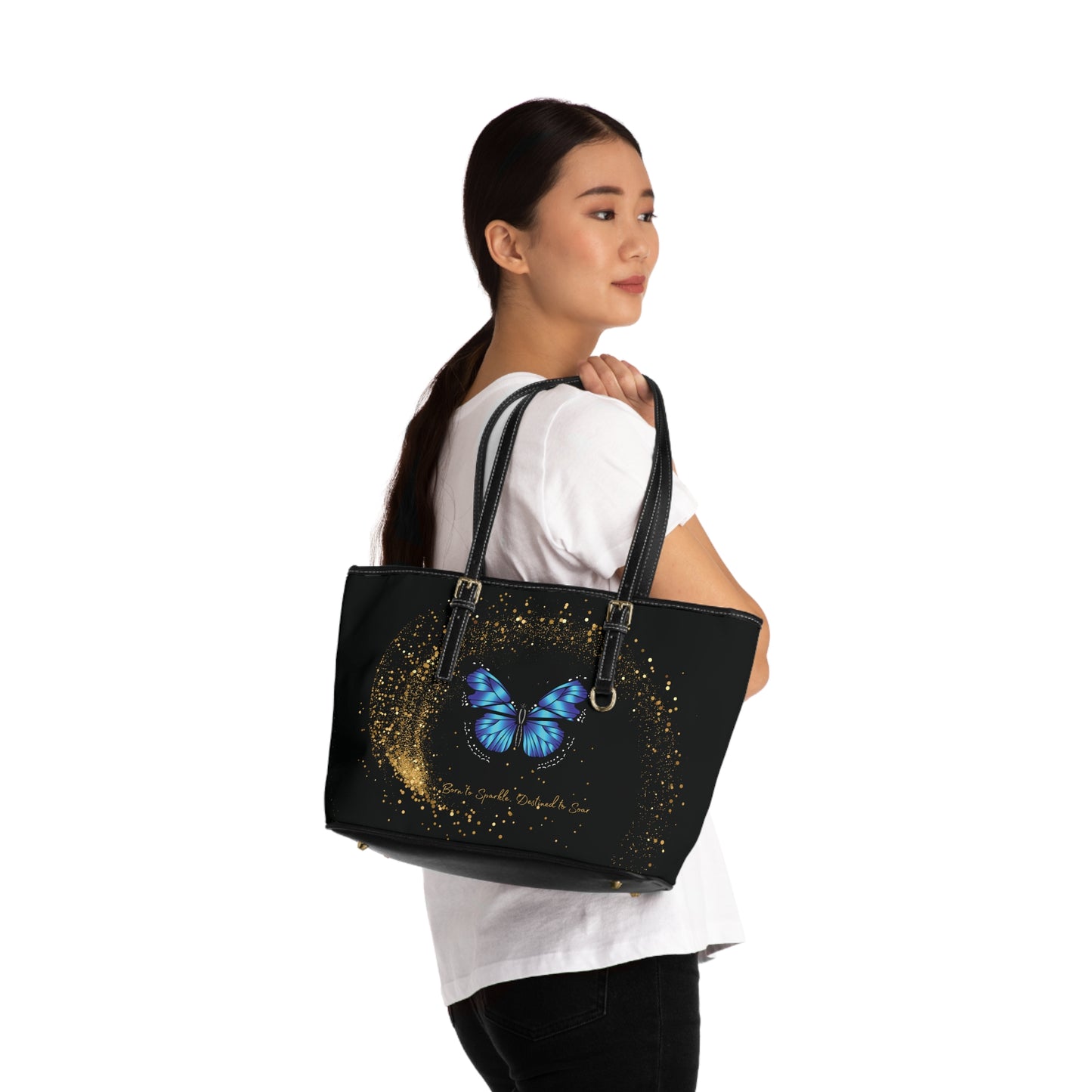 Celestial Butterfly PU Leather Shoulder Bag – Gold Stardust Black Tote | Mystical Vegan Handbag