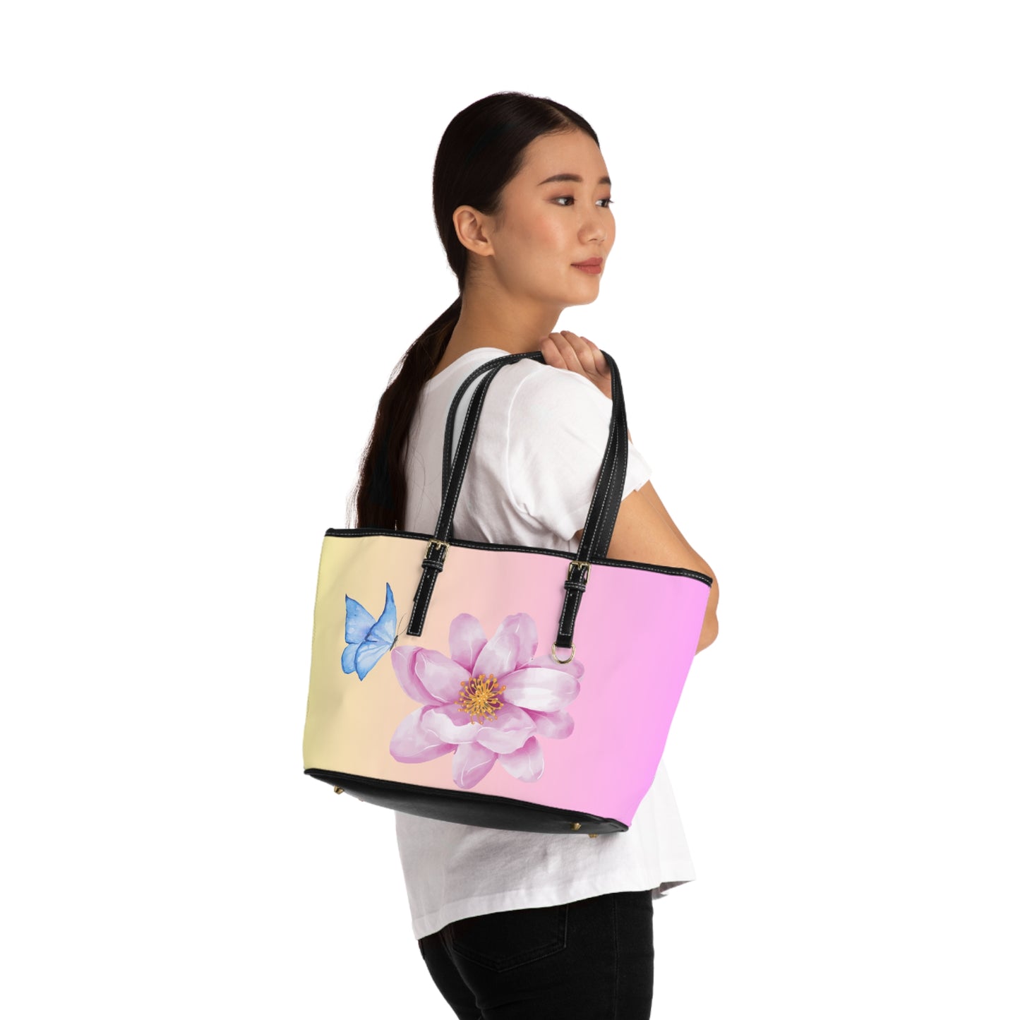 Pastel Butterfly and Flower Leather Shoulder Bag – Soft Gradient Tote – Dreamy Chic Handbag