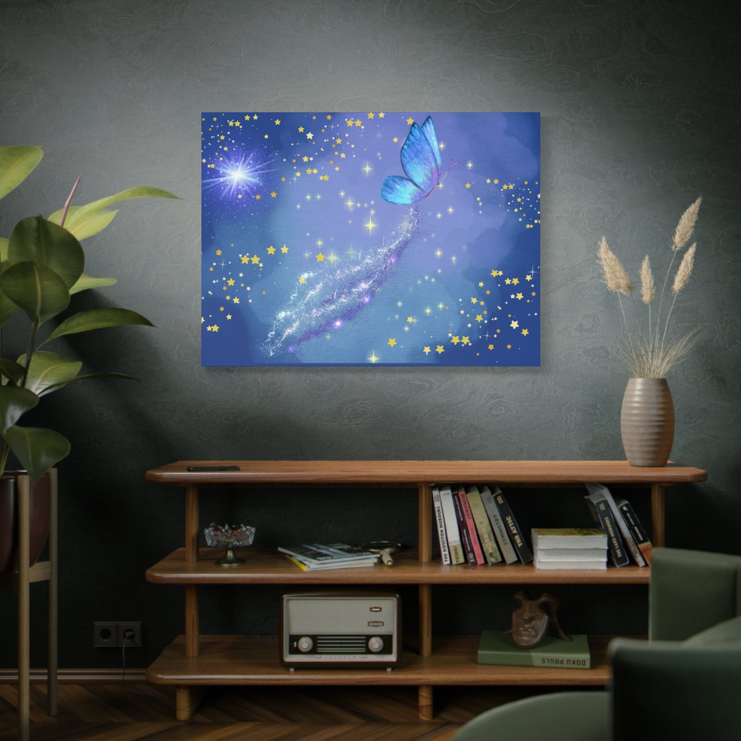 Celestial Butterfly Canvas Wall Art – Galaxy-Inspired Matte Print with Stars and Cosmic Trail