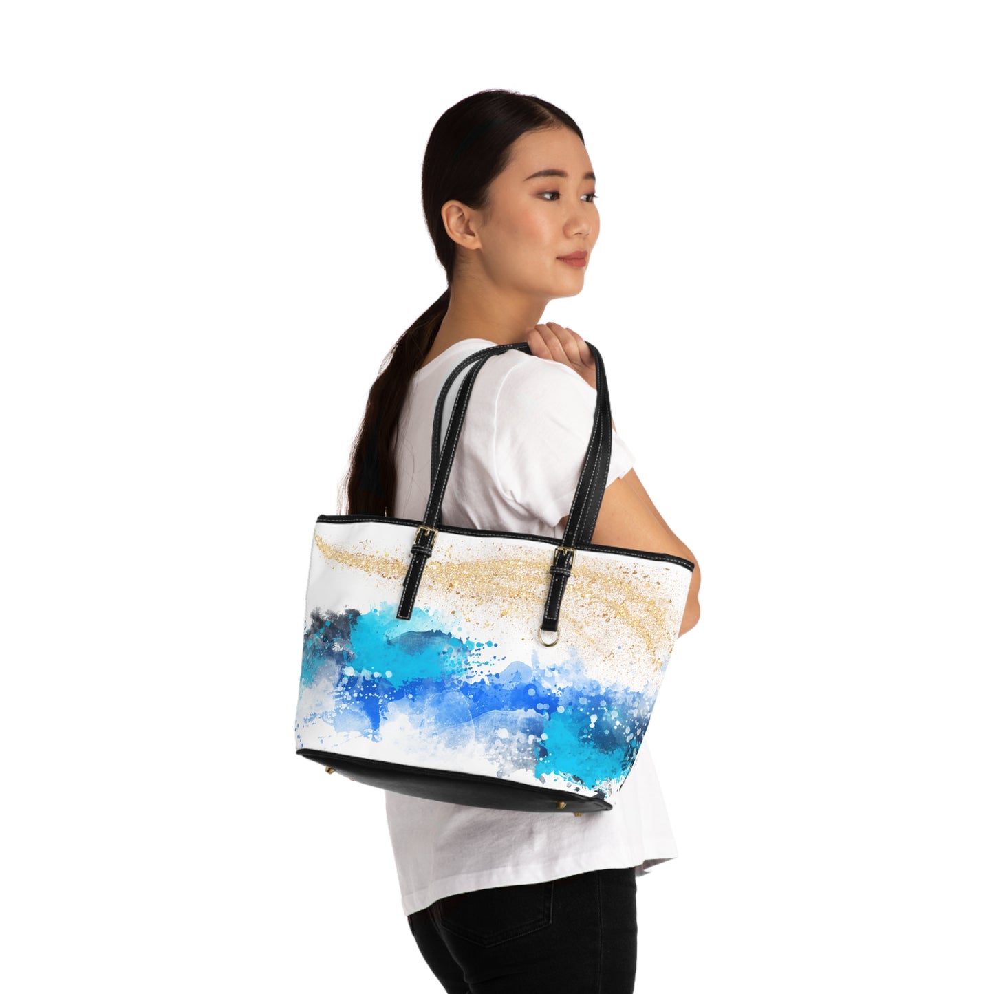 Ocean Breeze Watercolor Leather Shoulder Bag – Elegant Artistic Tote – Coastal Chic Handbag