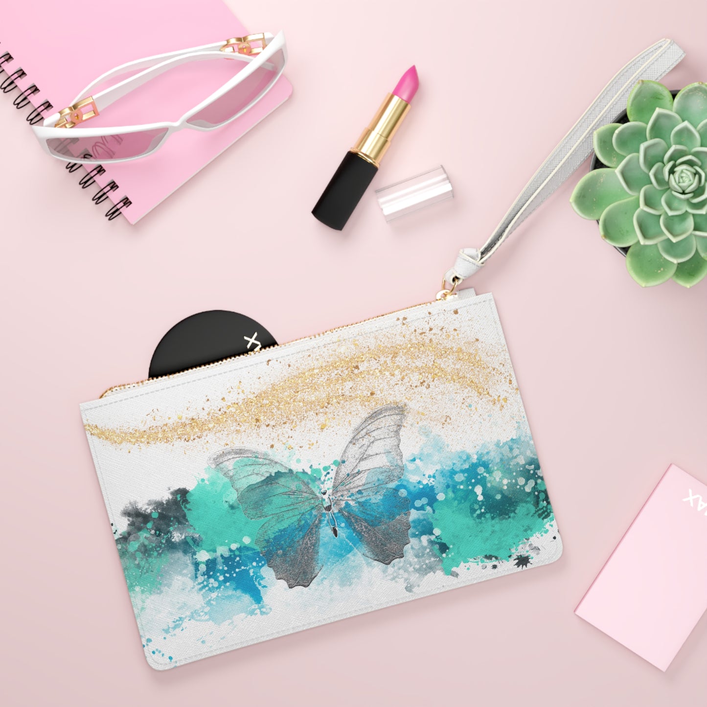 Watercolor Ocean Blue Butterfly Clutch Bag – Artistic Wristlet – Boho Chic Travel Accessory