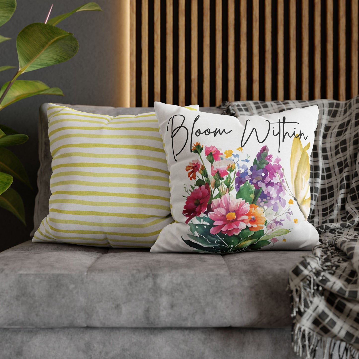 Bloom Within Throw Pillow – Inspirational Floral Butterfly Pillowcase – Watercolor Quote Cushion Cover