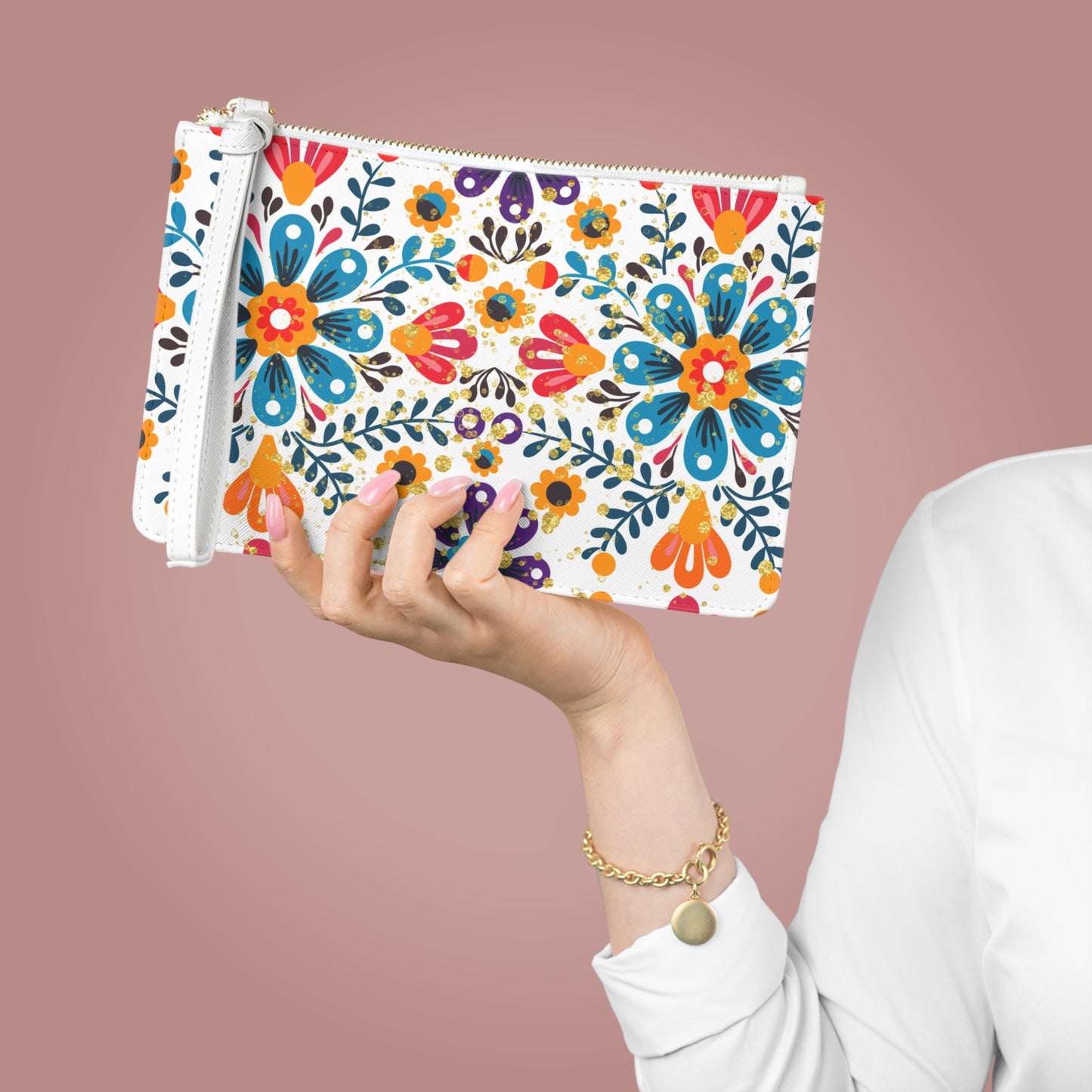 Celestial Bloom Boho Floral Clutch Bag – Folk Art Zipper Pouch with Wristlet | Vibrant Travel Bag by Stardust Cove