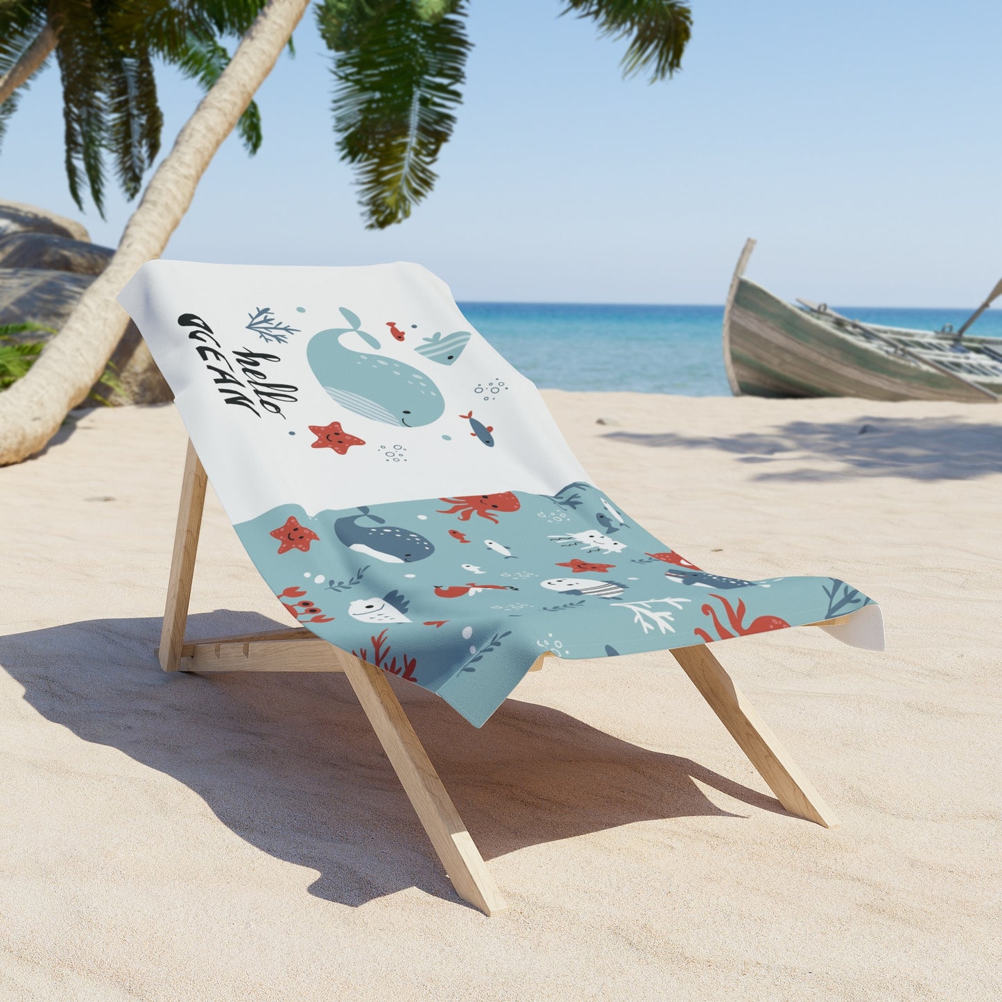 Hello Ocean Beach Towel - Fun Marine Life Design for Beach LoversHello Ocean Kids Beach Towel – Whales, Sharks & Sea Animals Print – Fun Coastal Summer Towel