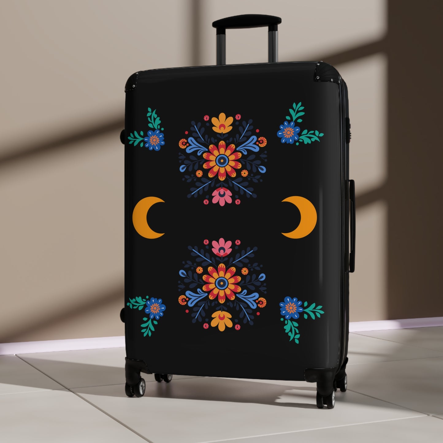 Celestial Bloom Suitcase – Boho Floral Moon Phase Luggage