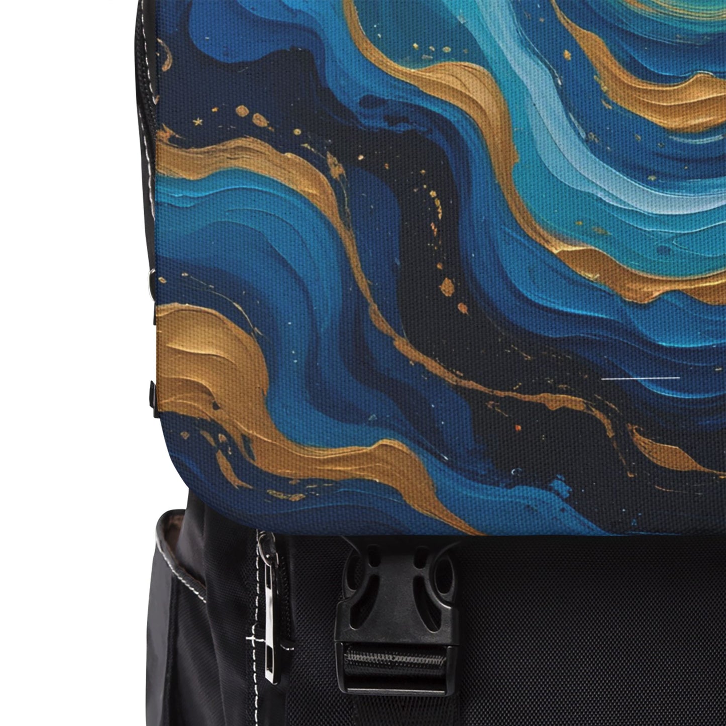 Ocean Swirl Unisex Casual Shoulder Backpack, Daypack, Travel Bag, Art Backpack, Unique Gift for Students, Summer Outing Celestial Swirl Backpack – Blue & Gold Abstract Art School Bag