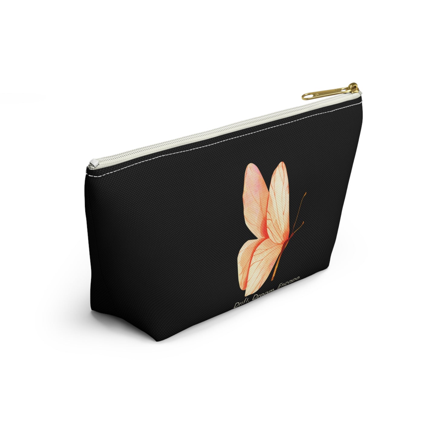 Drift. Dream. Escape. Black Butterfly Pouch – Travel Makeup Bag or Journal Accessory Case | Stardust Cove