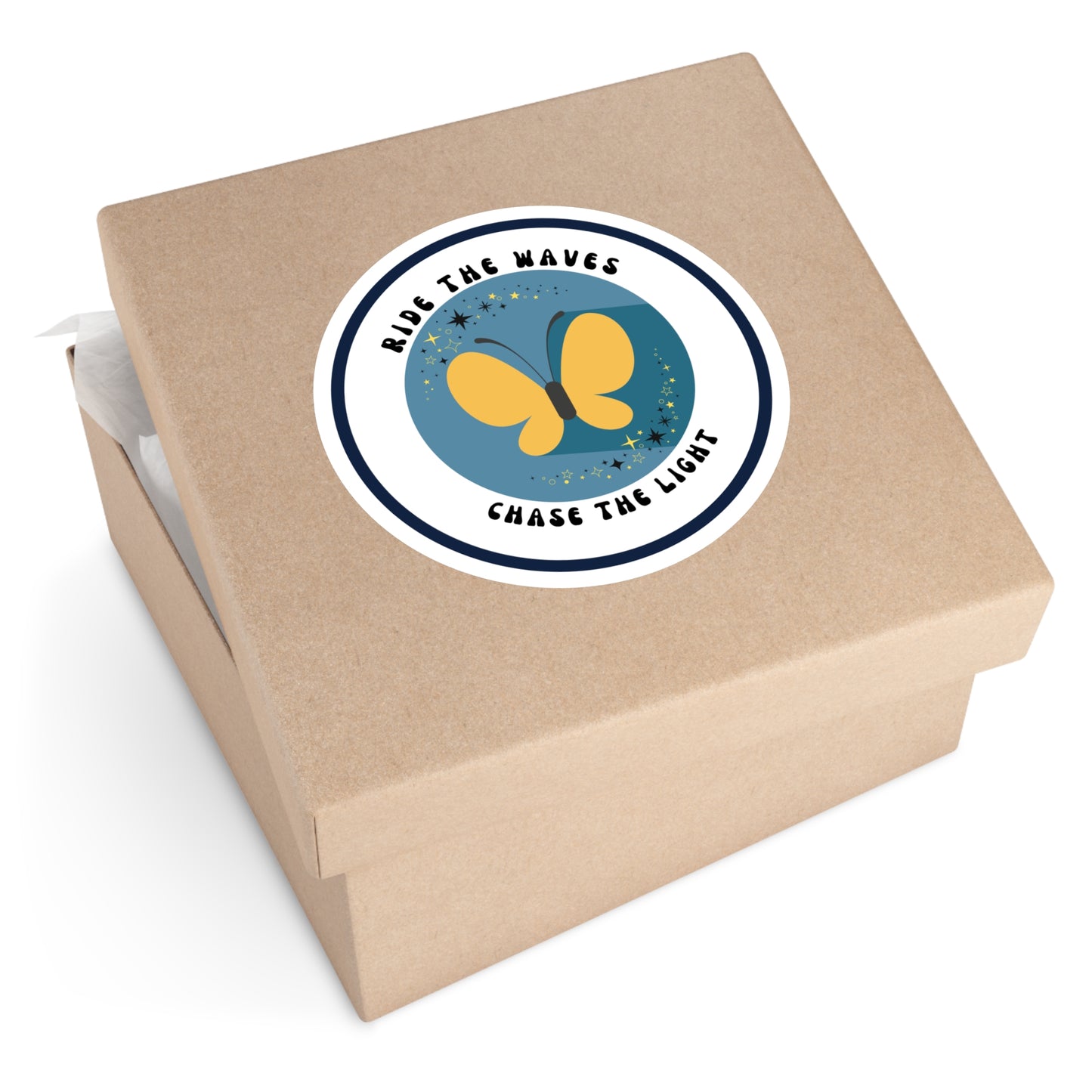 Ride the Waves, Chase the Light Sticker – Round Vinyl Ocean Butterfly Decal for Laptop, Journal & Water Bottle