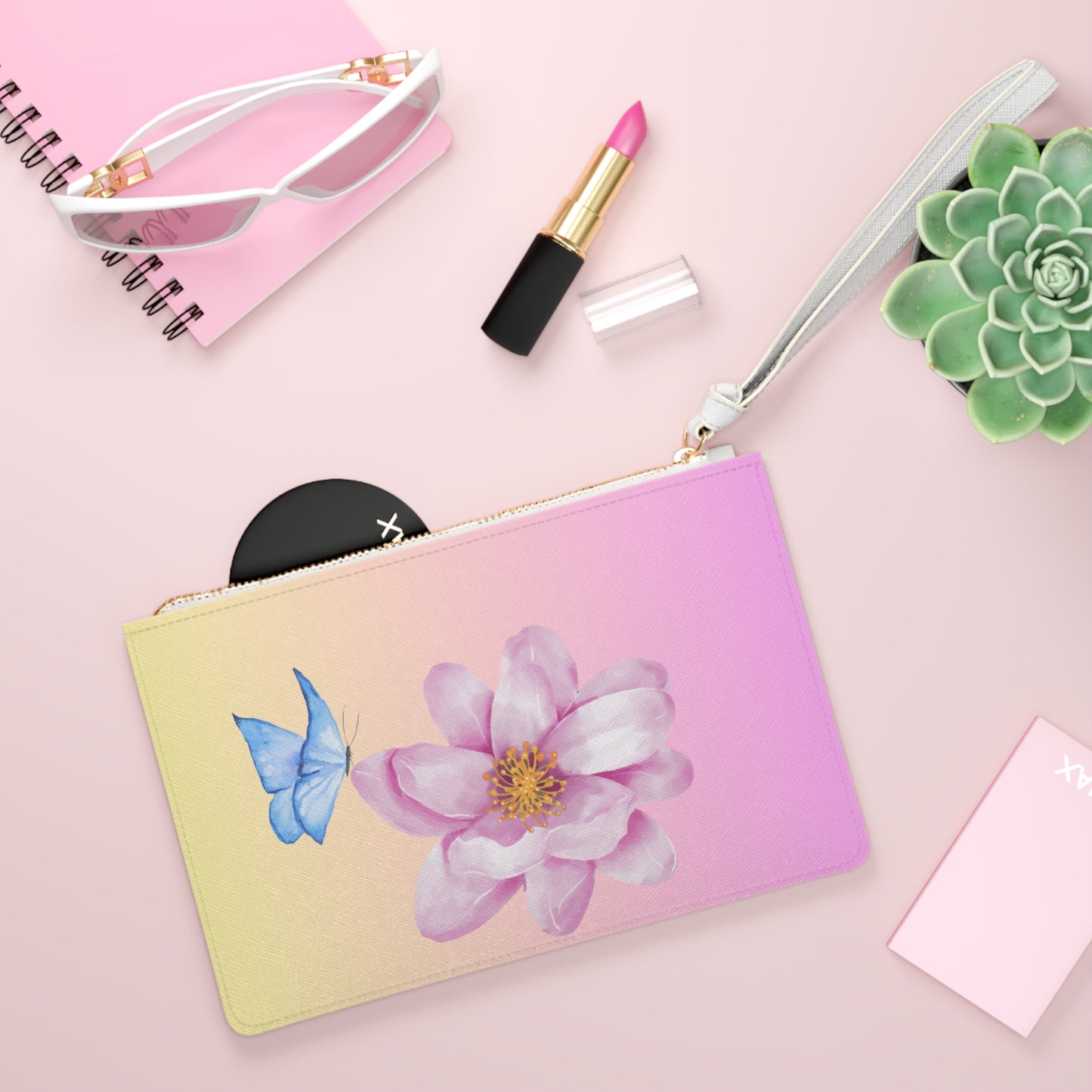 Pastel Butterfly and Flower Clutch Bag – Soft Gradient Wristlet – Dreamy Chic Accessory
