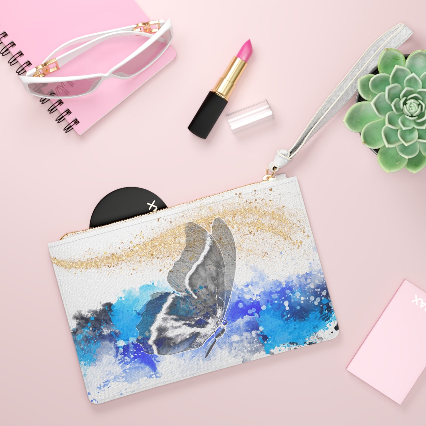 Watercolor Blue Butterfly Clutch Bag – Artistic Wristlet – Boho Chic Travel Accessory