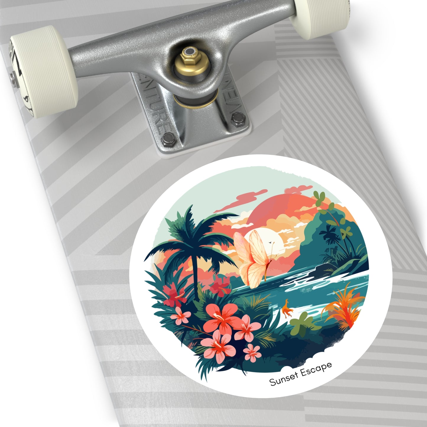 Sunset Escape Tropical Round Vinyl Sticker – Coastal Butterfly Beach Scene | Stardust Cove Aesthetic