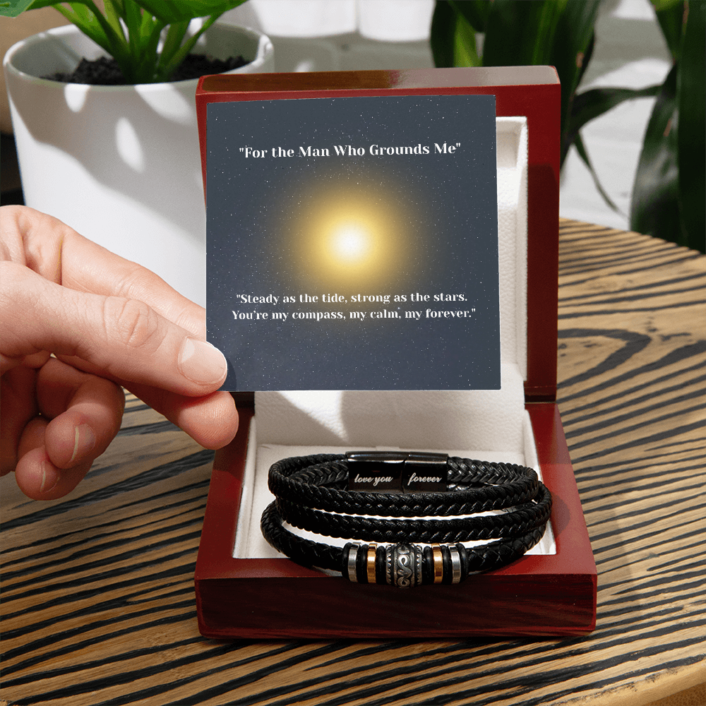 “For the Man Who Grounds Me” Bracelet – Celestial Gift for Him | Vegan Leather Bracelet with Message Card – Stardust Cove