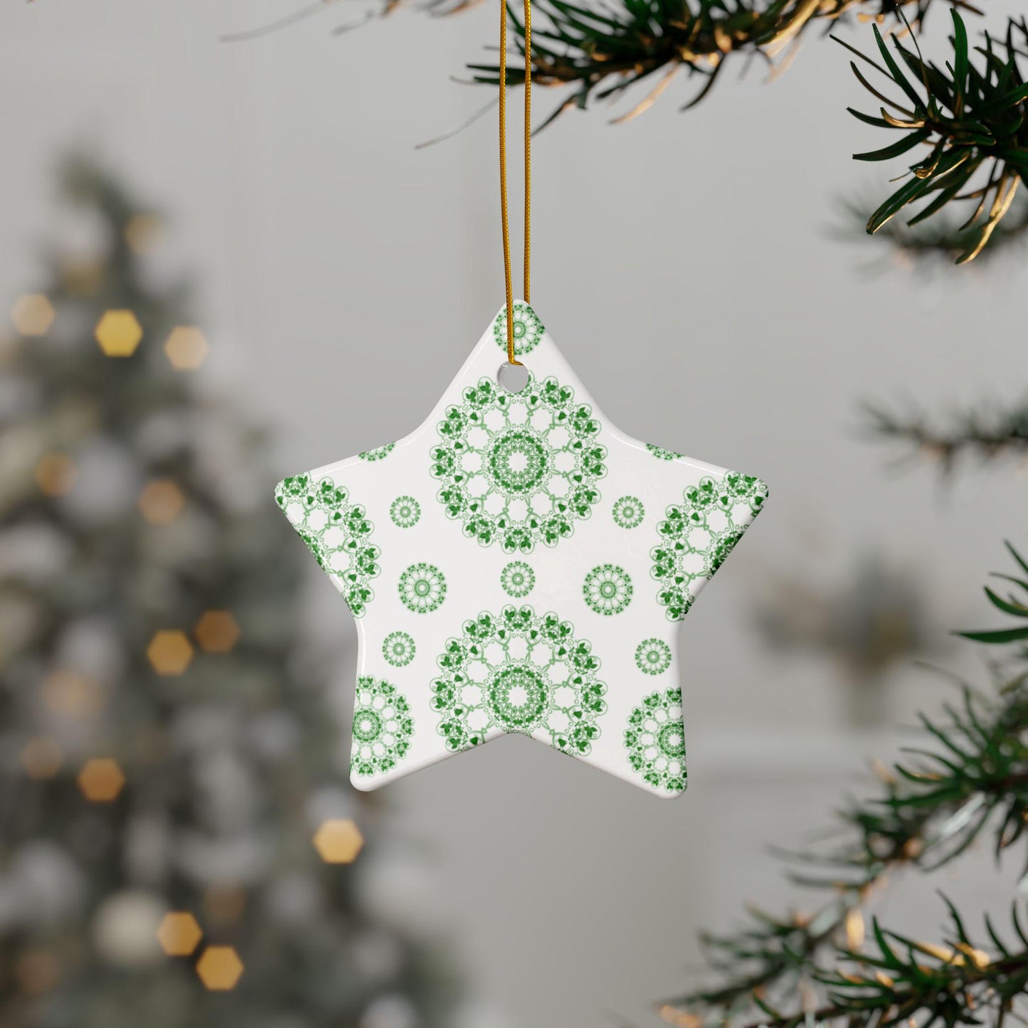 Ceramic Ornament Set - Beautiful Green Floral Design, Ideal for Christmas Tree, Gift Tags, Home Decor, Holiday Celebrations, 2-Side Print