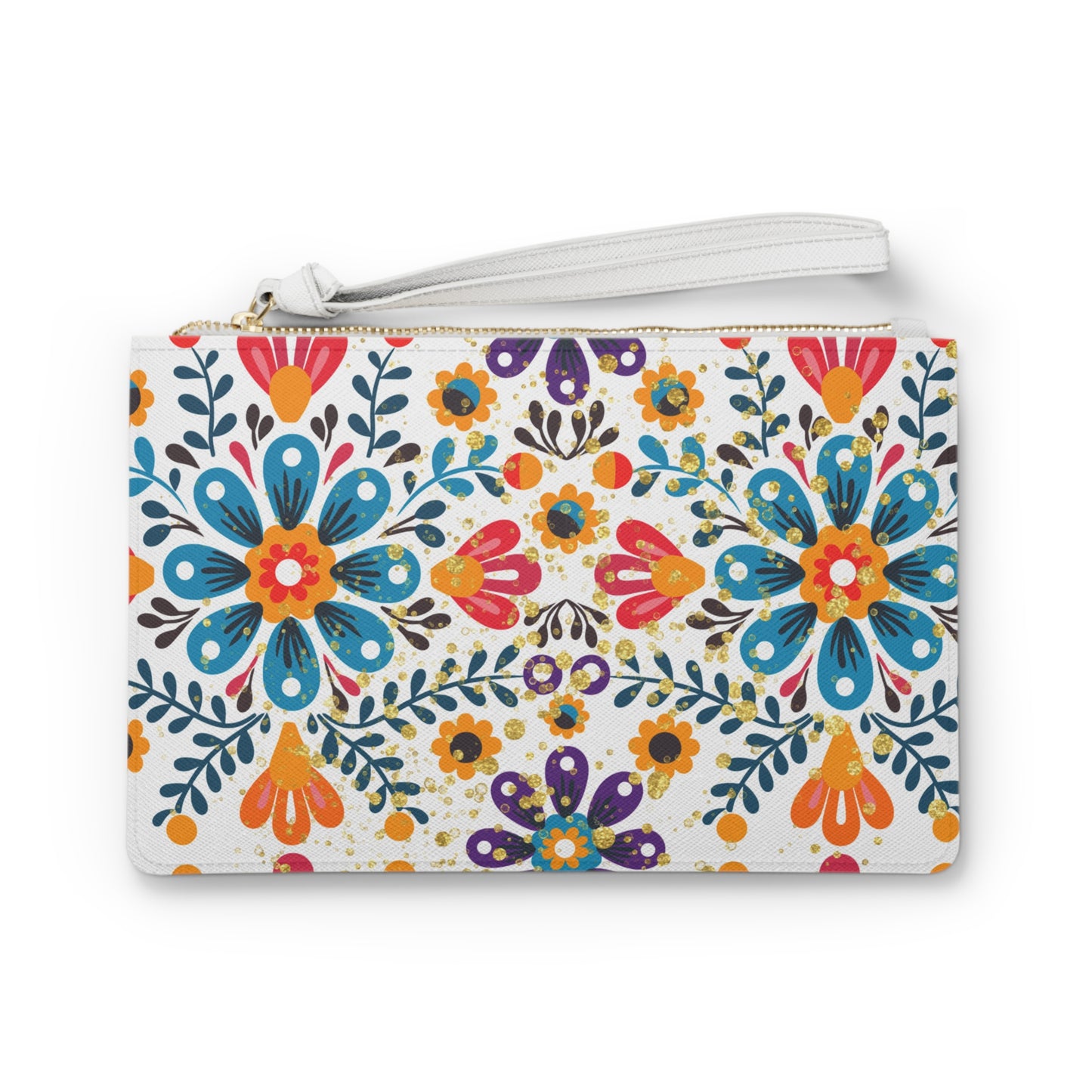 Celestial Bloom Boho Floral Clutch Bag – Folk Art Zipper Pouch with Wristlet | Vibrant Travel Bag by Stardust Cove