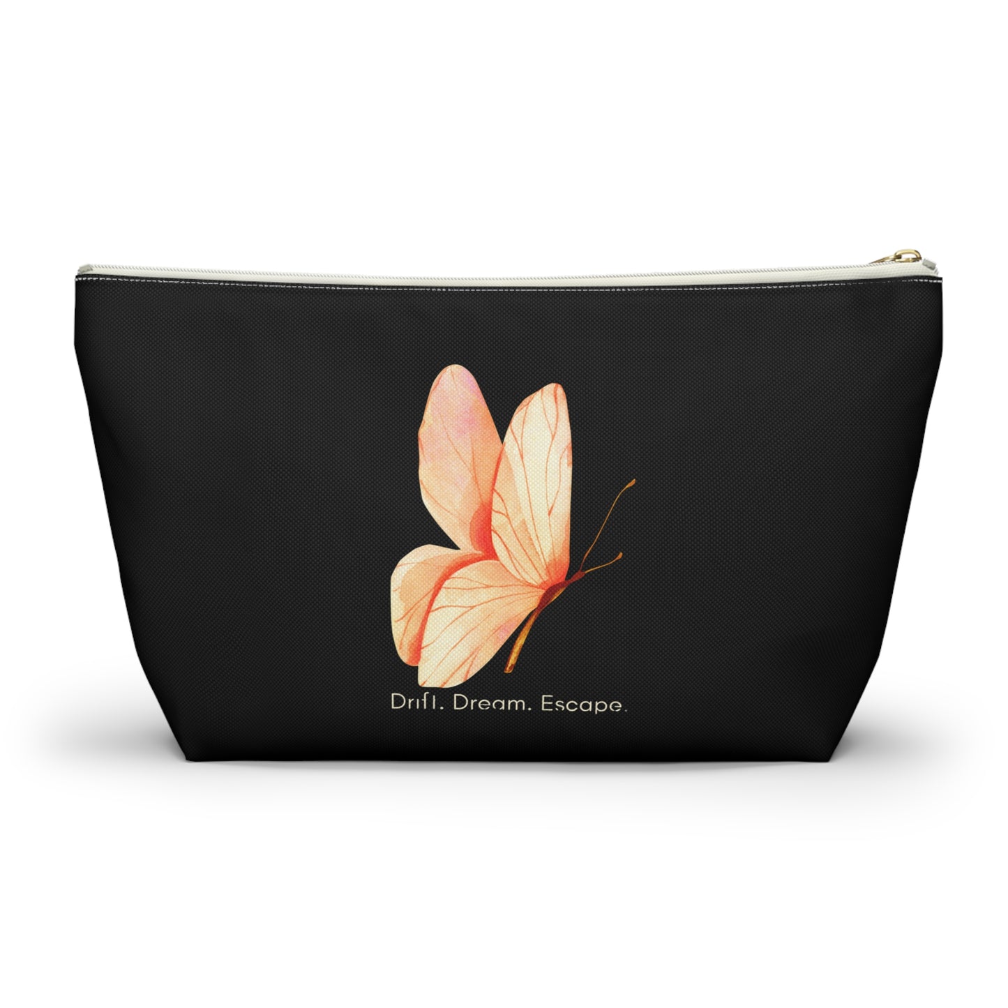 Drift. Dream. Escape. Black Butterfly Pouch – Travel Makeup Bag or Journal Accessory Case | Stardust Cove