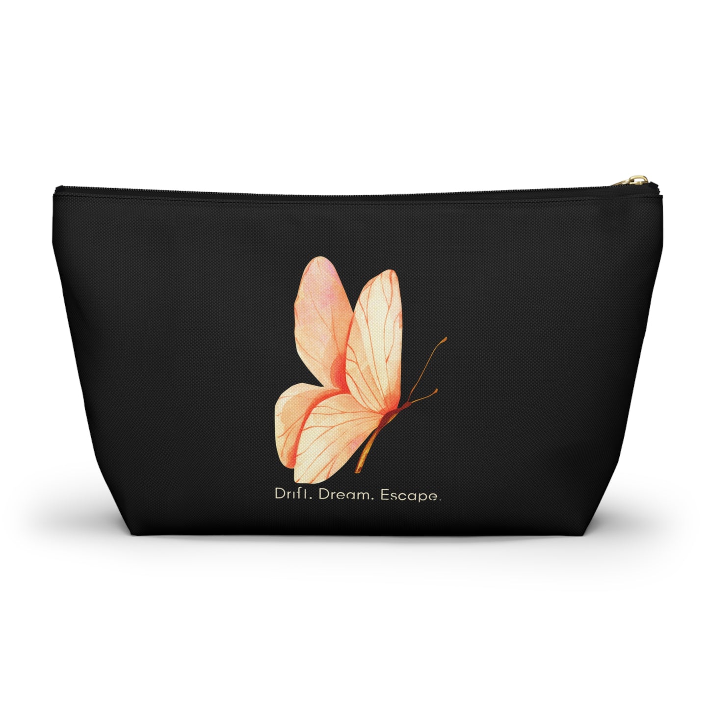 Drift. Dream. Escape. Black Butterfly Pouch – Travel Makeup Bag or Journal Accessory Case | Stardust Cove