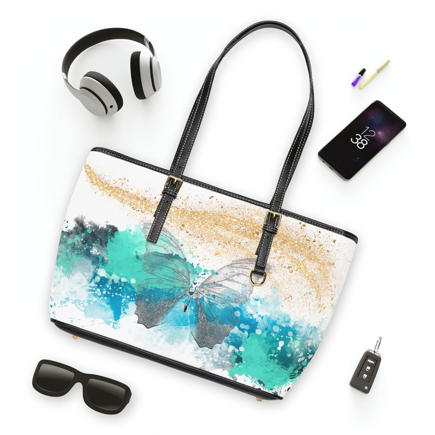 Watercolor Butterfly Leather Shoulder Bag – Teal and Gold Artistic Handbag – Boho Chic Tote