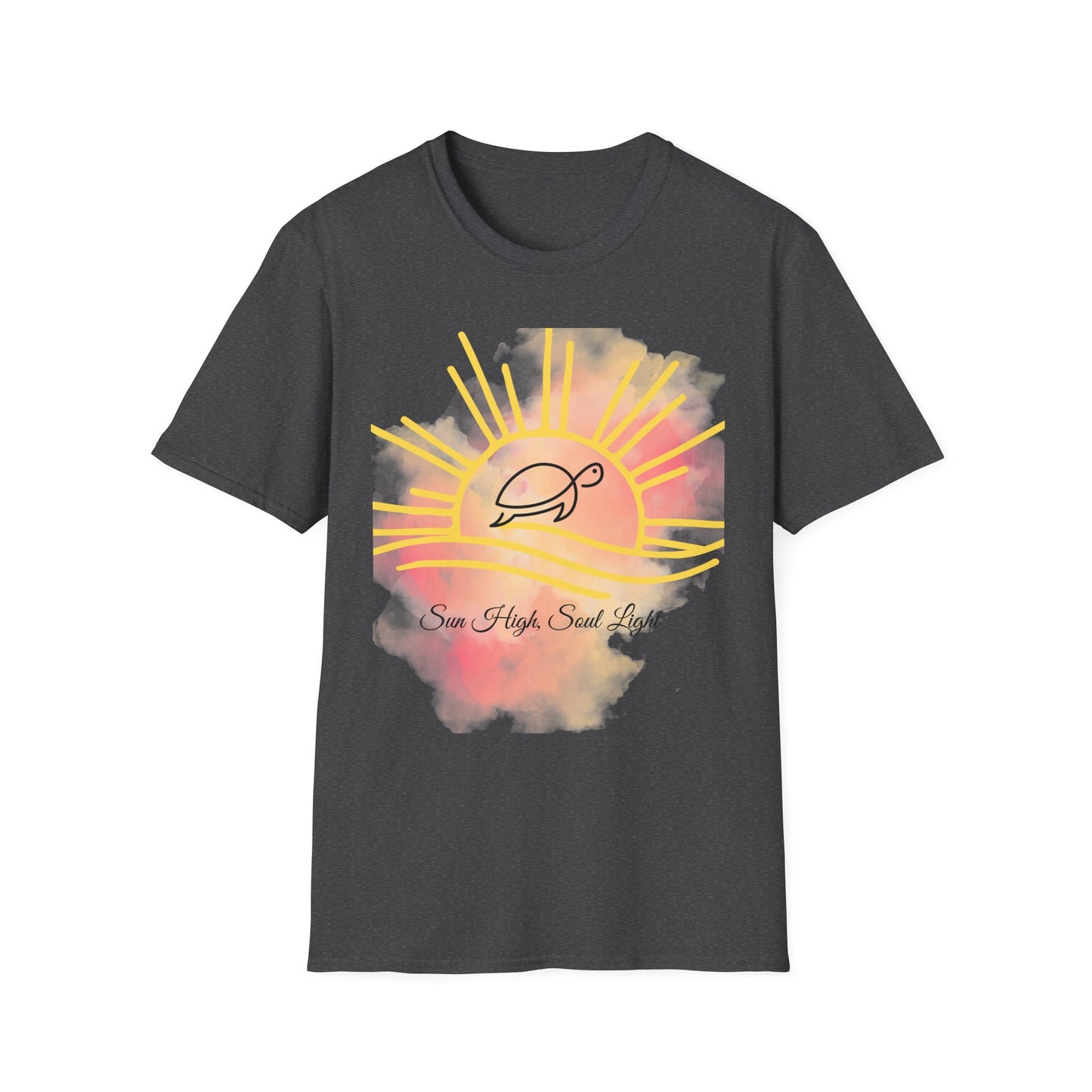 Sun High Soul Soft T-Shirt – Watercolor Sunrise & Turtle Tee | Uplifting Coastal Shirt
