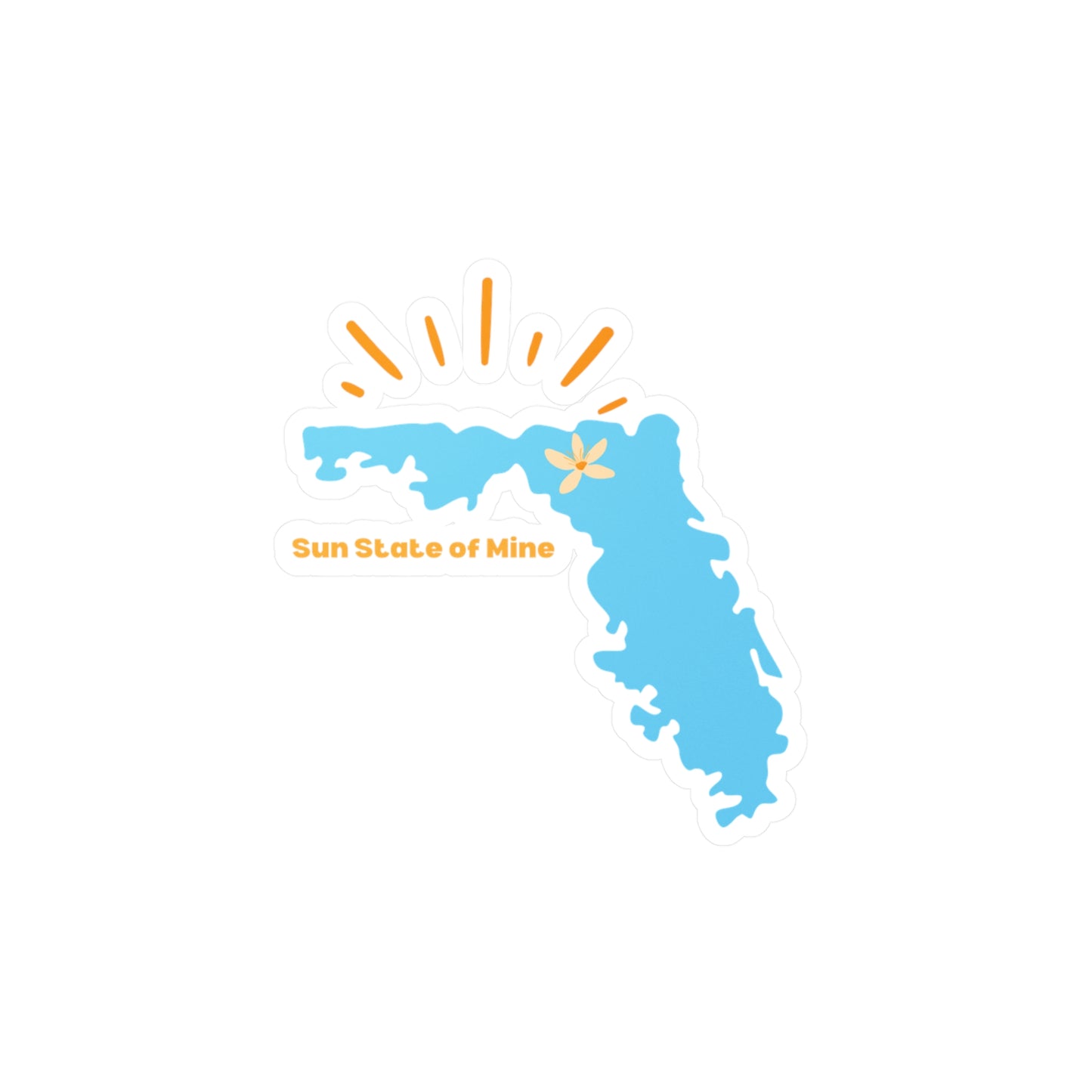 Blue Florida state vinyl sticker with orange sun rays and text "Sun State of Mine" — sunny, coastal-themed decal for laptops, water bottles, or gifts.
