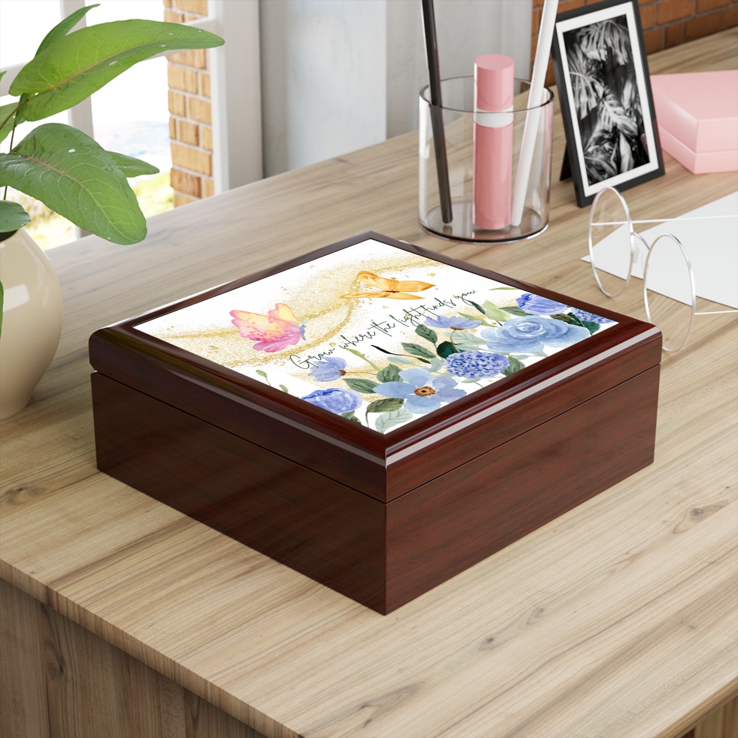 Butterfly Floral Jewelry Box – “Grow Where the Light Finds You” Inspirational Keepsake