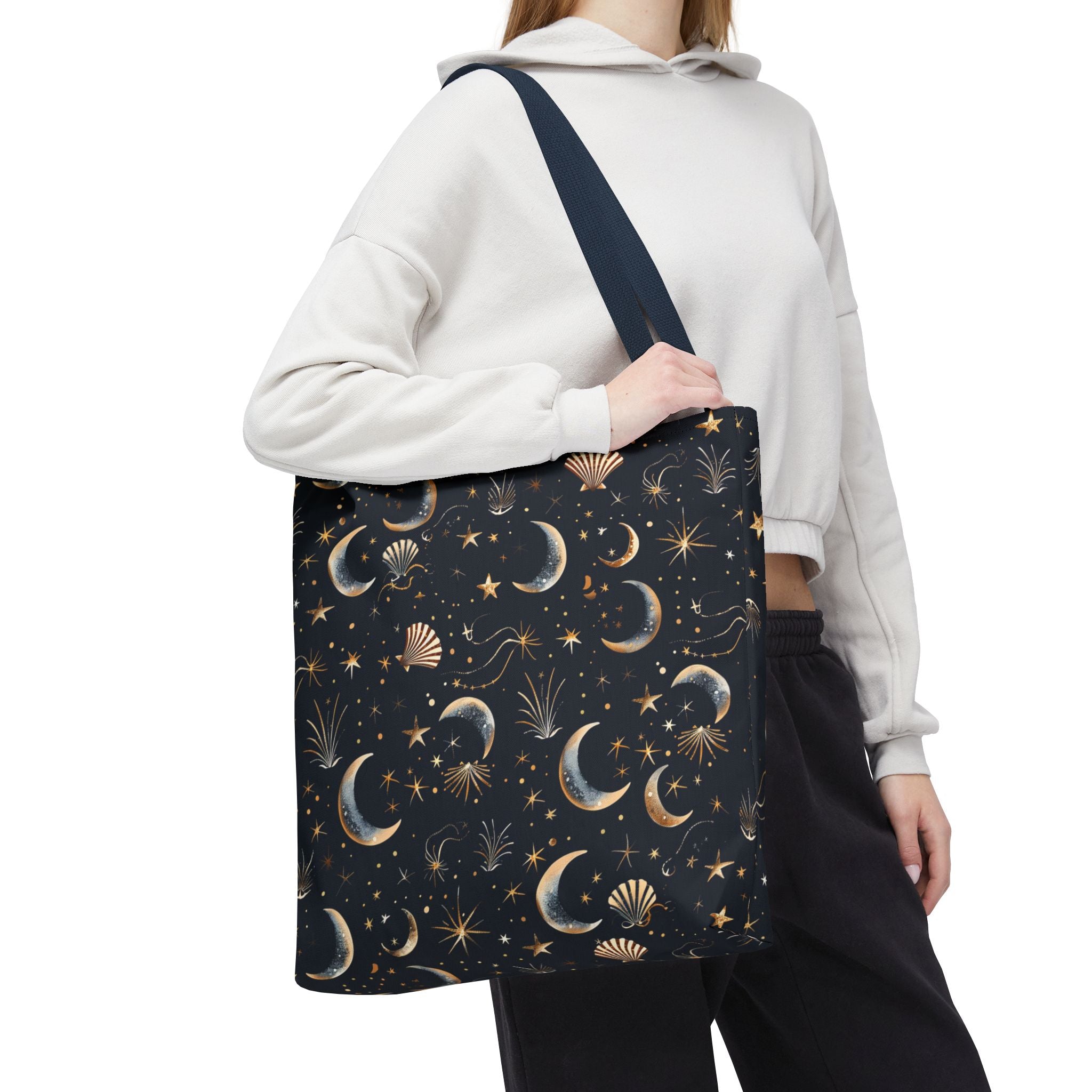 Celestial moon and stars tote bag navy zodiac crescent pattern by Stardust Cove
