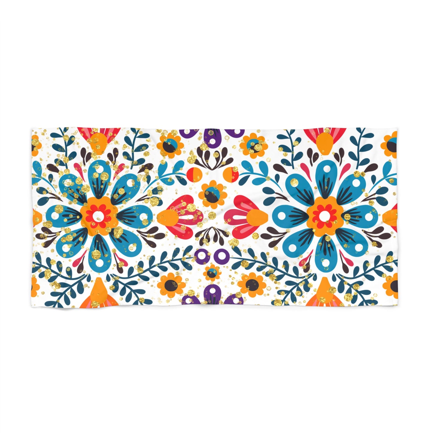 White beach towel with colorful floral folk art design — vibrant boho summer accessory from the Bloom by the Shore collection by Stardust Cove.
