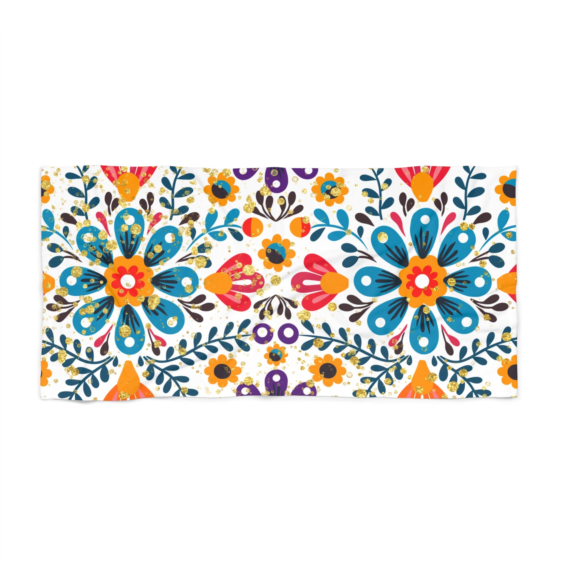 White beach towel with colorful floral folk art design — vibrant boho summer accessory from the Bloom by the Shore collection by Stardust Cove.