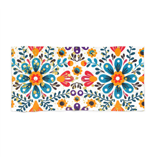 White beach towel with colorful floral folk art design — vibrant boho summer accessory from the Bloom by the Shore collection by Stardust Cove.