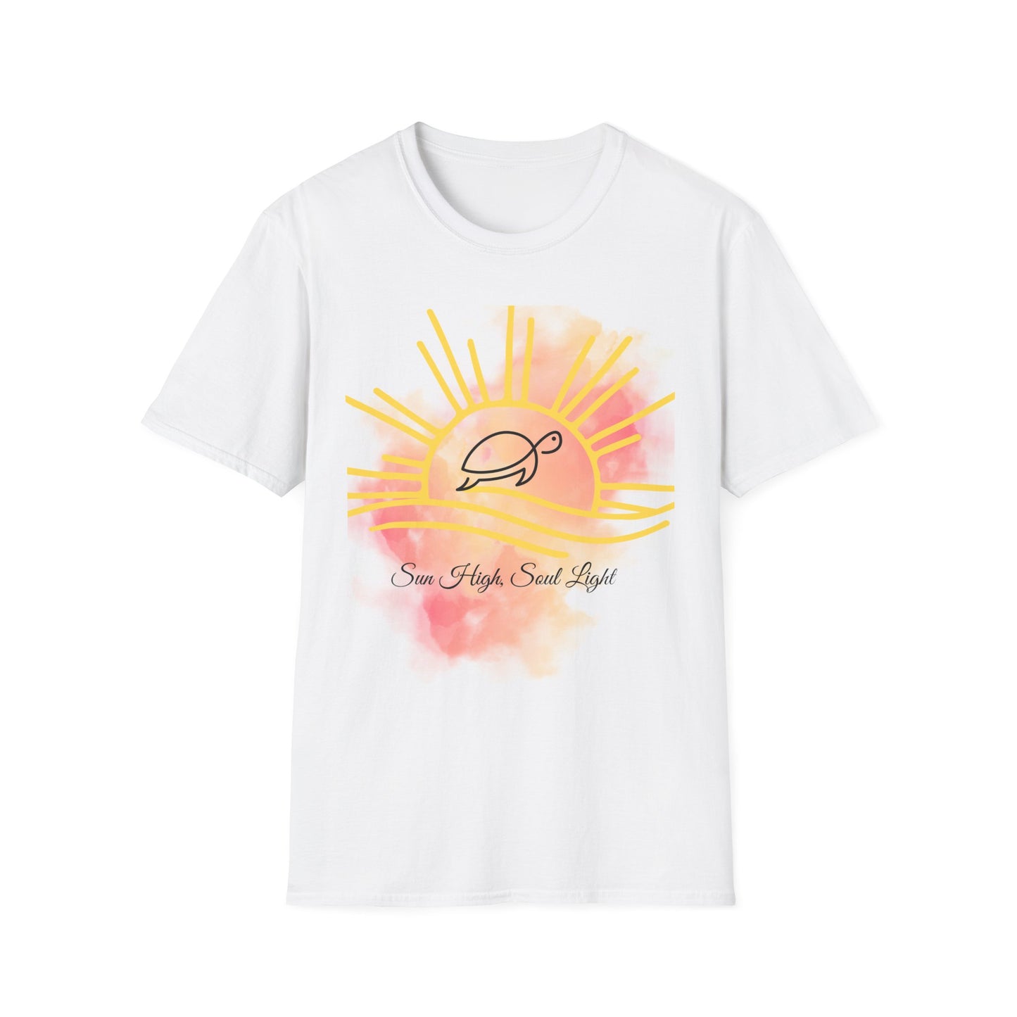 Sun High Soul Soft T-Shirt – Watercolor Sunrise & Turtle Tee | Uplifting Coastal Shirt