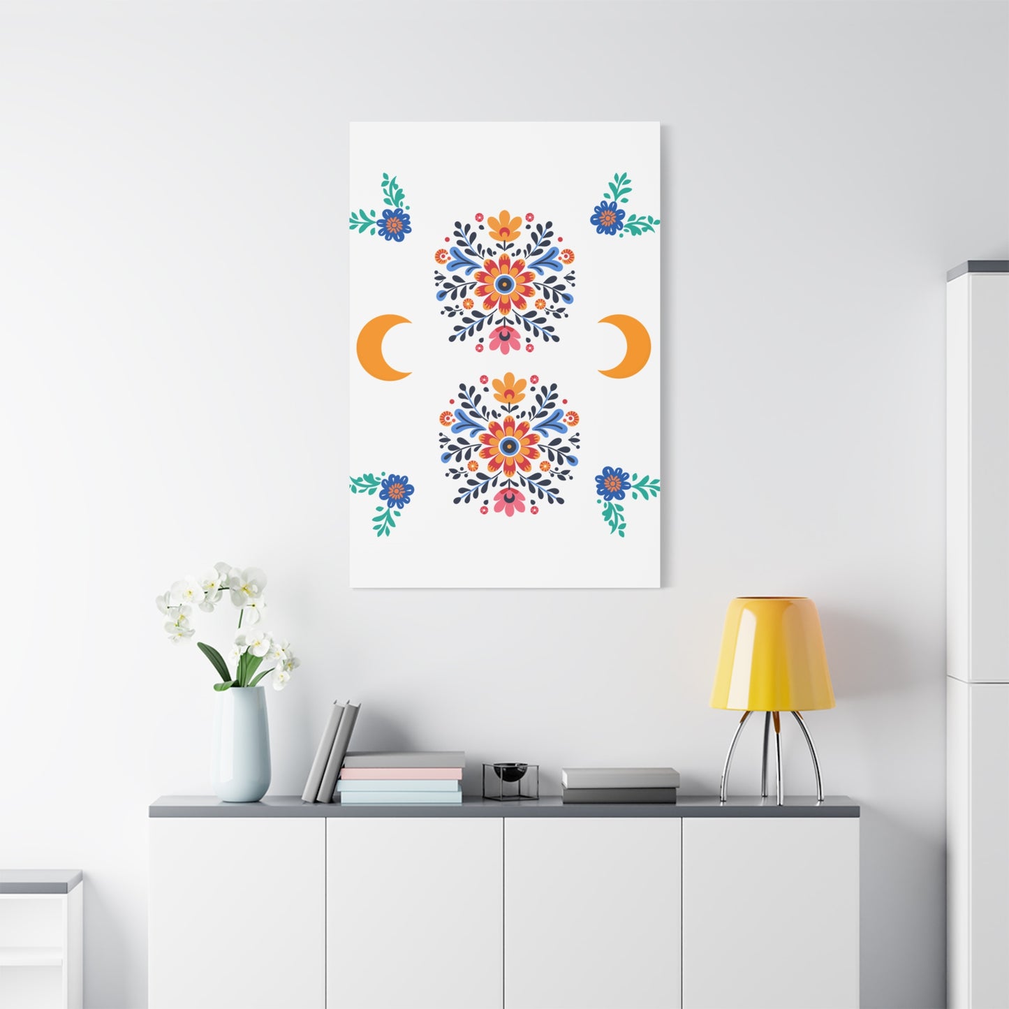 Celestial Bloom Canvas Wall Art – Moon & Floral Folk Art Print | Mystical Home Decor | Stardust Cove Exclusive
