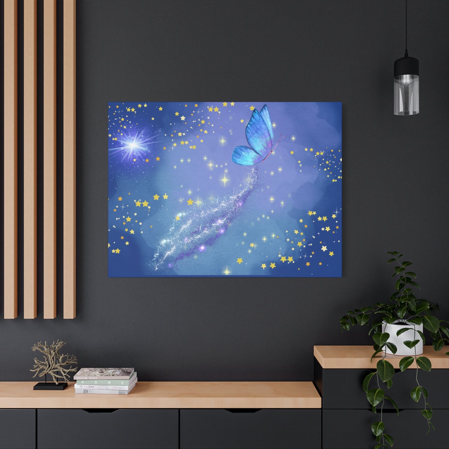 Celestial Butterfly Canvas Wall Art – Galaxy-Inspired Matte Print with Stars and Cosmic Trail