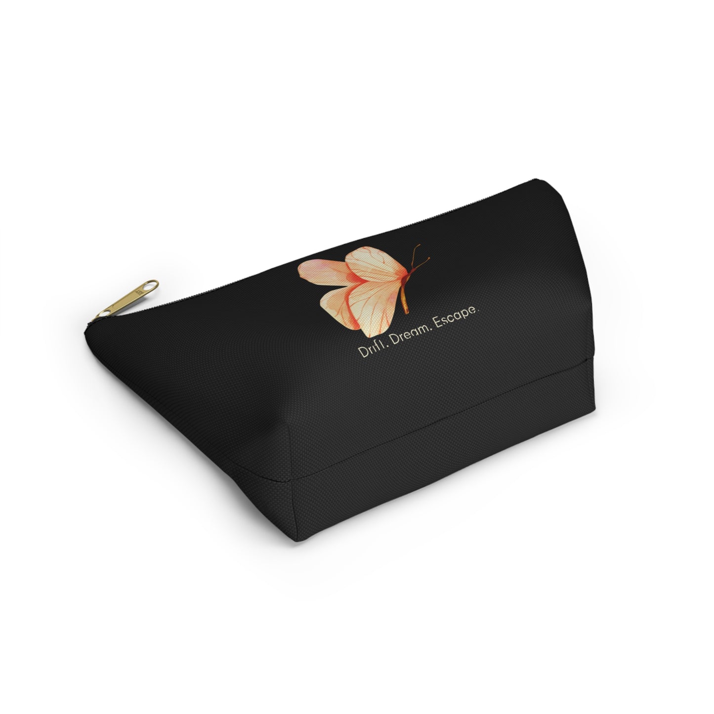 Drift. Dream. Escape. Black Butterfly Pouch – Travel Makeup Bag or Journal Accessory Case | Stardust Cove