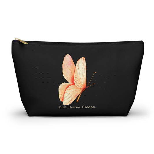 Drift. Dream. Escape. Black Butterfly Pouch – Travel Makeup Bag or Journal Accessory Case | Stardust Cove