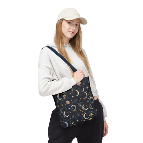 Celestial moon and stars tote bag navy zodiac crescent pattern by Stardust Cove
