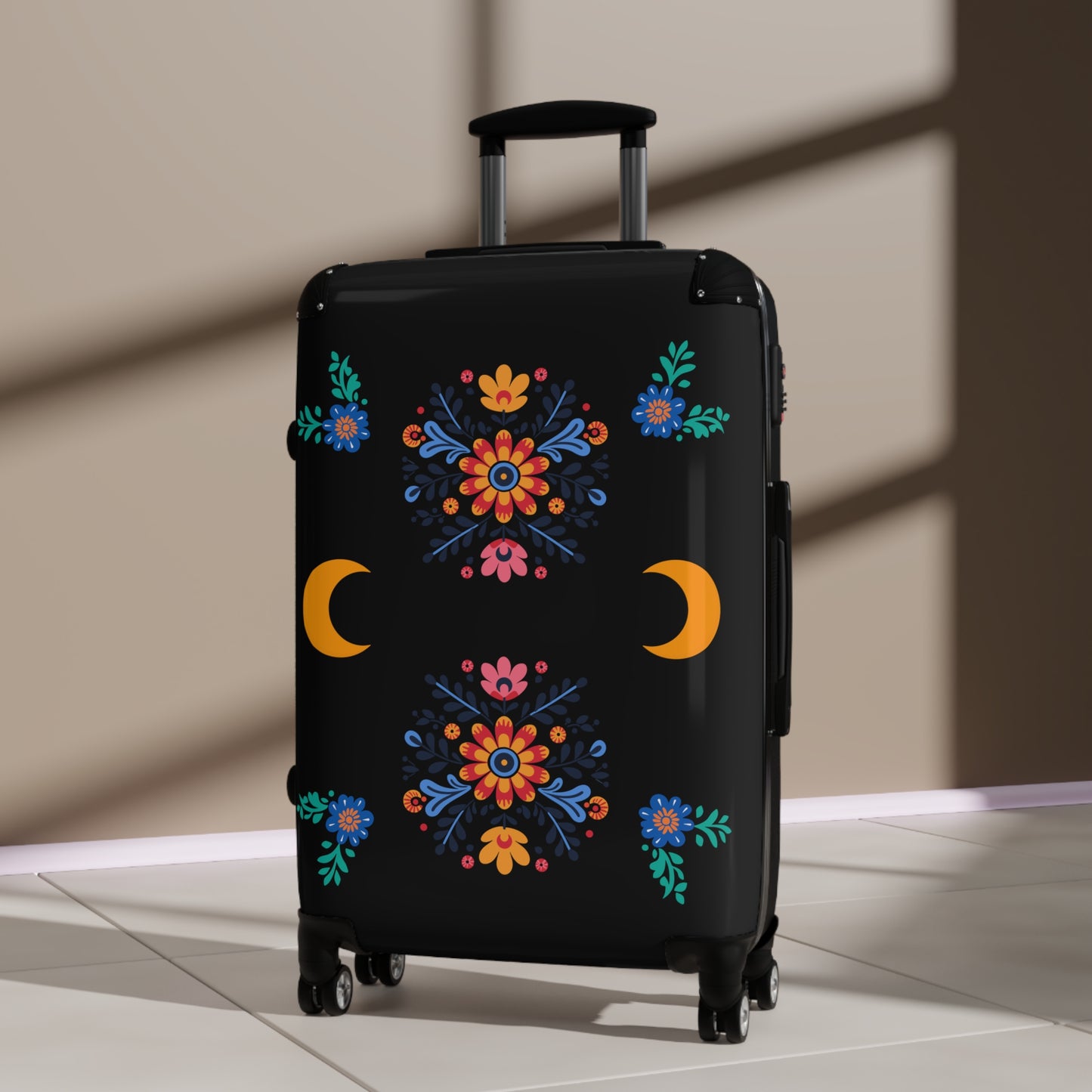 Celestial Bloom Suitcase – Boho Floral Moon Phase Luggage