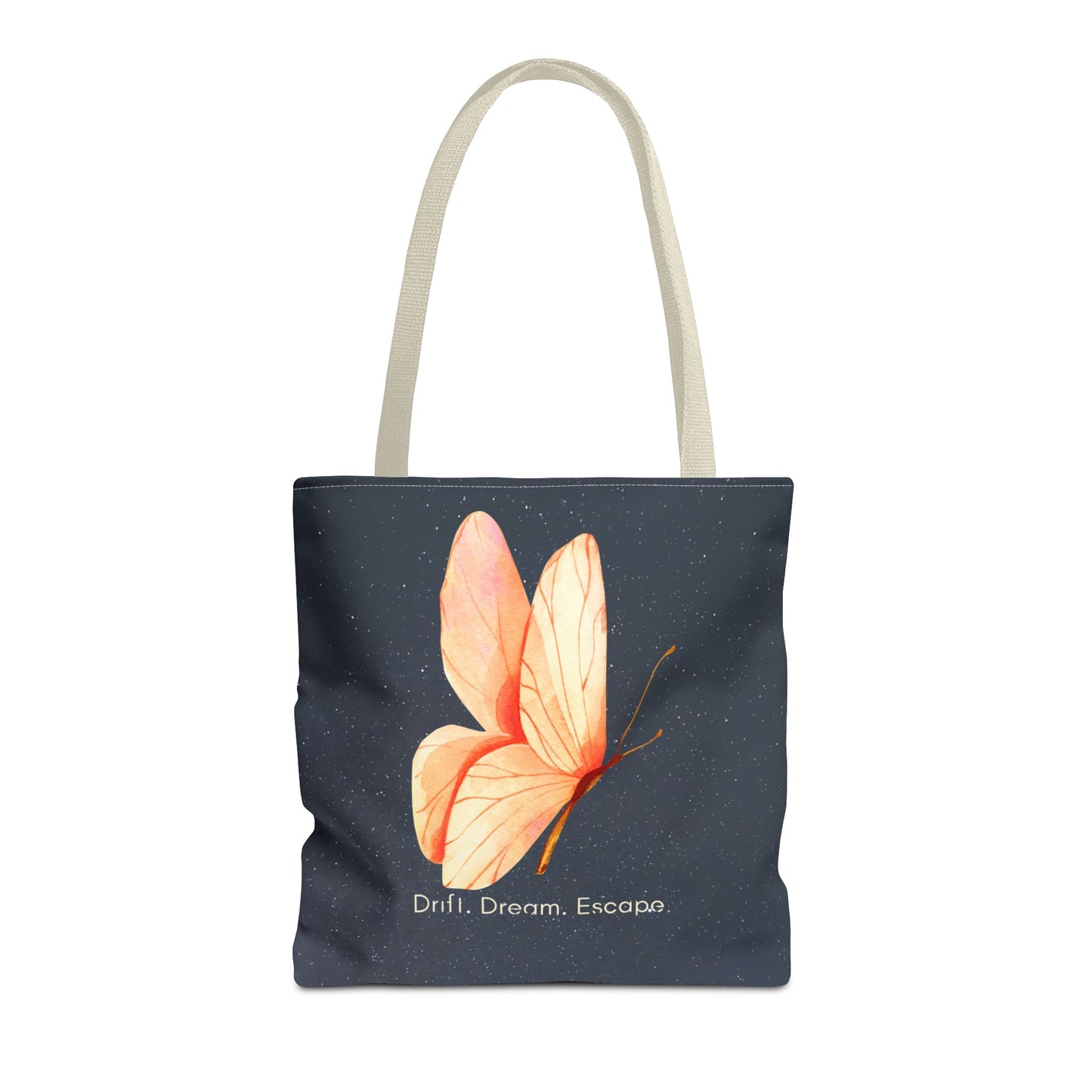 Drift. Dream. Escape. Celestial Butterfly Tote Bag – Starry Sky Quote Tote | Stardust Cove