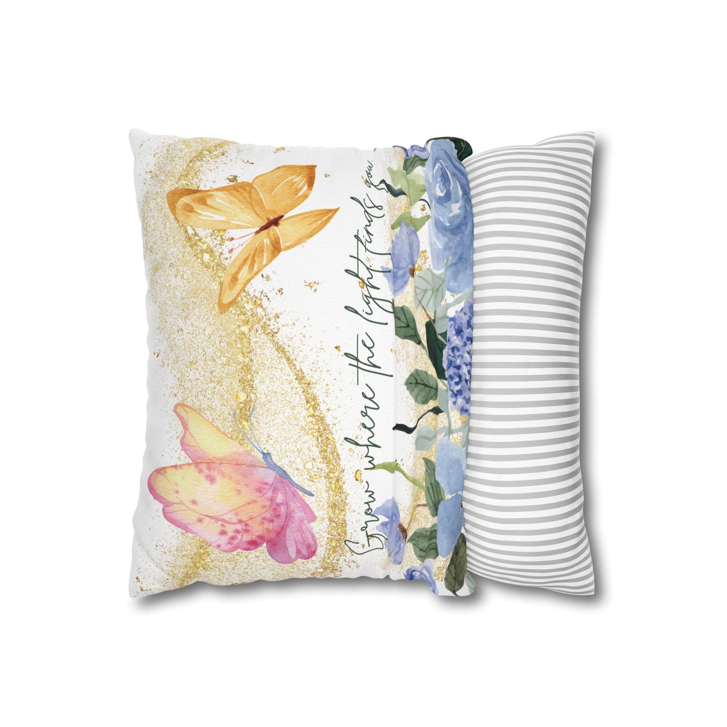 Butterfly & Floral Quote Pillow – “Grow Where the Light Finds You” Watercolor Cushion