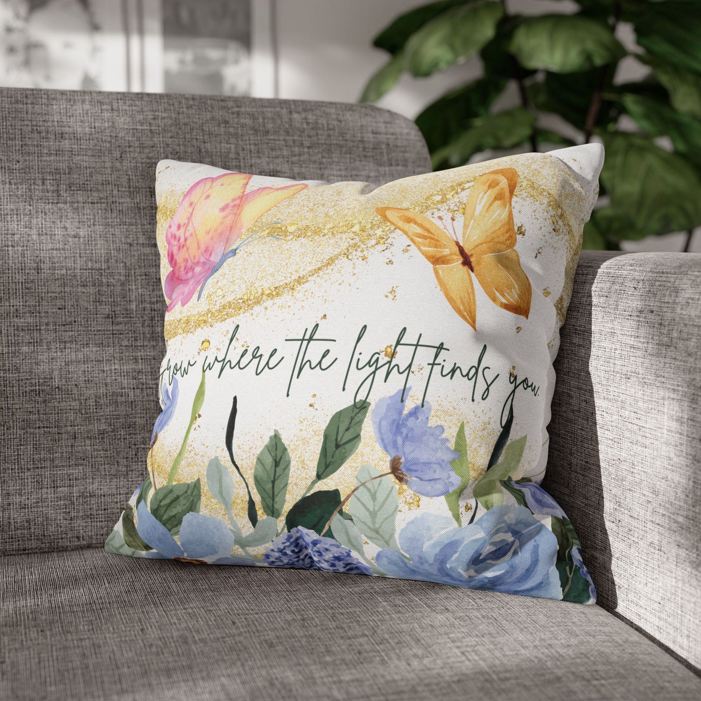 Butterfly & Floral Quote Pillow – “Grow Where the Light Finds You” Watercolor Cushion