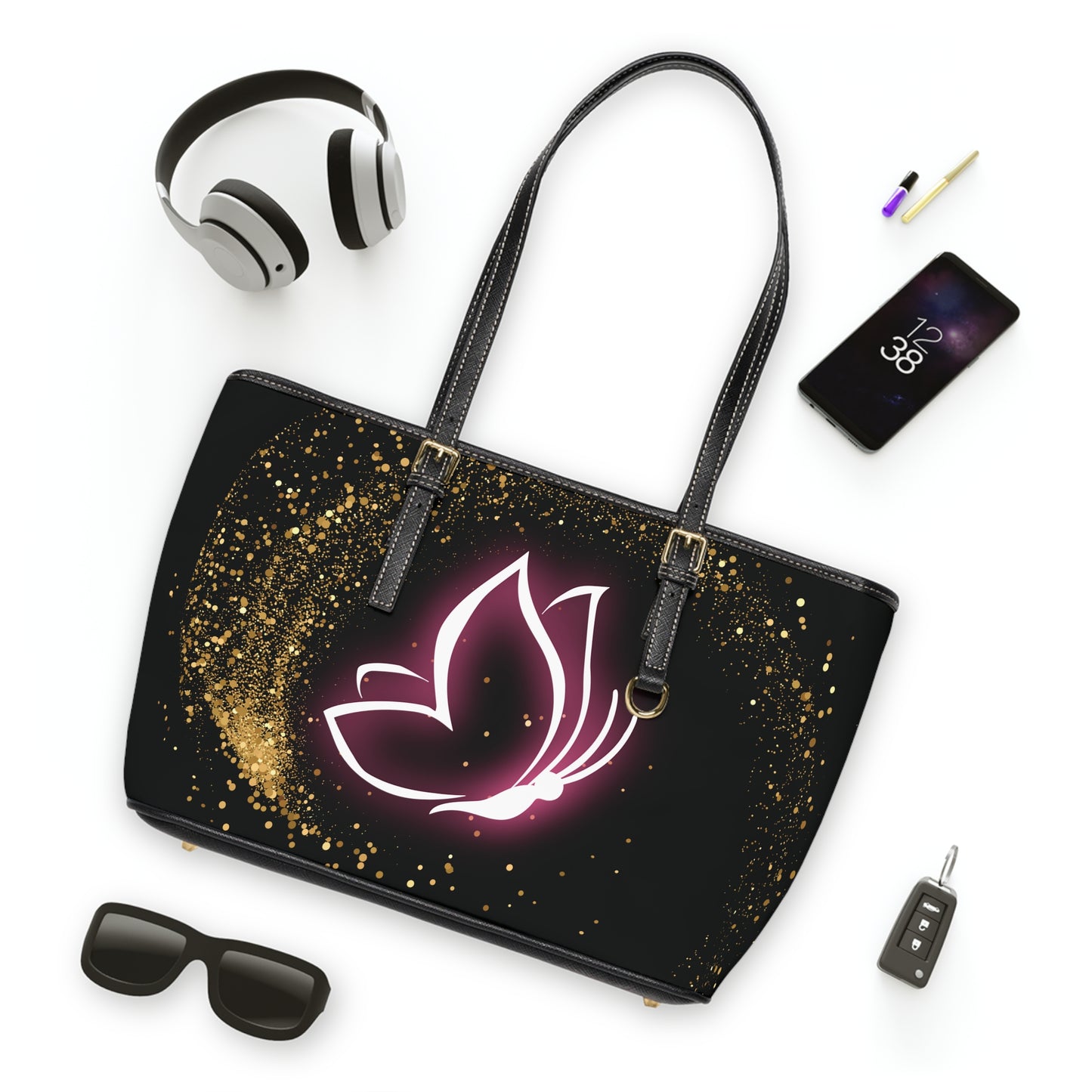 Elegant Butterfly Leather Shoulder Bag – Black and Gold Handbag – Stylish Inspirational Purse
