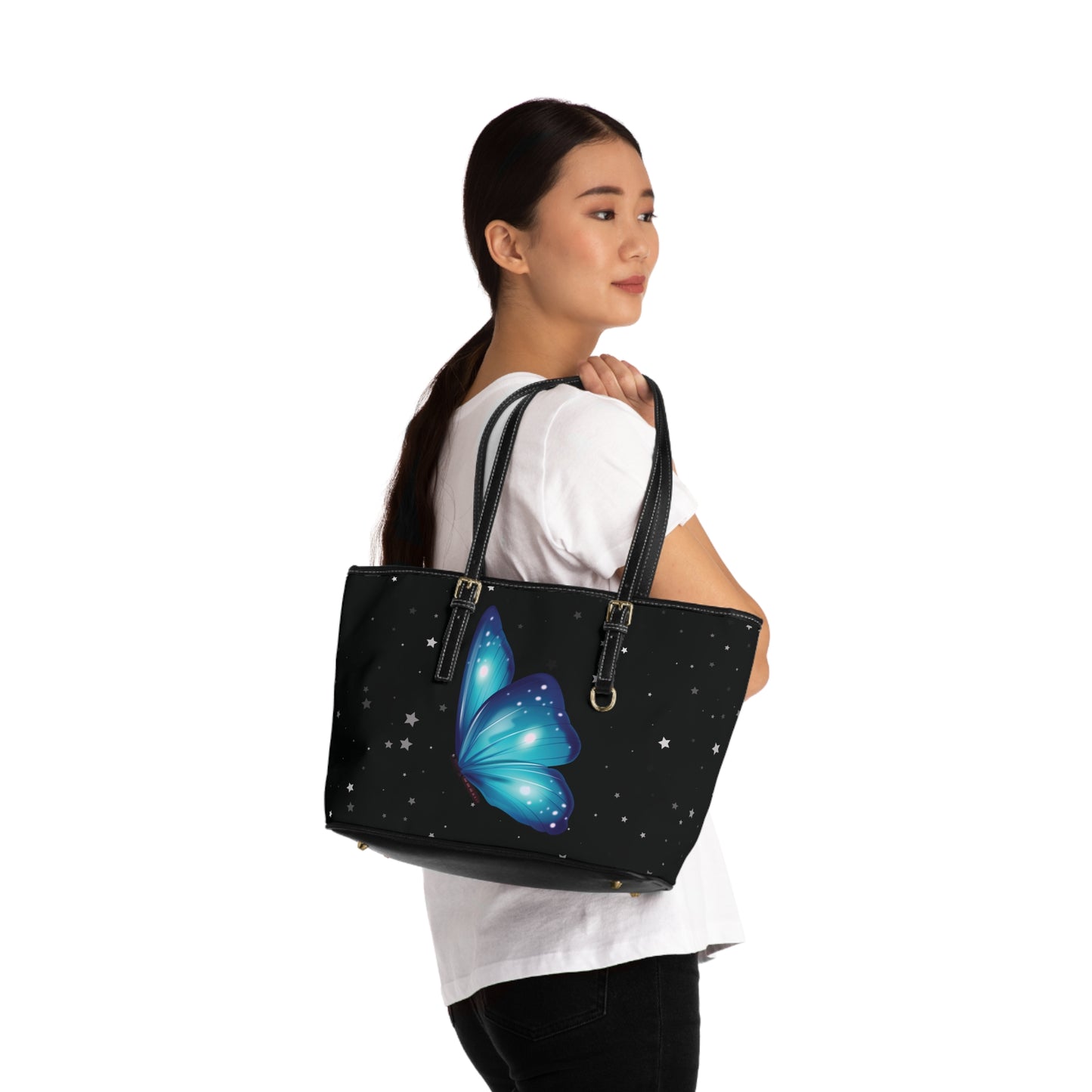 Celestial Blue Butterfly Leather Shoulder Bag – Starry Night Handbag – Dreamy Chic Tote