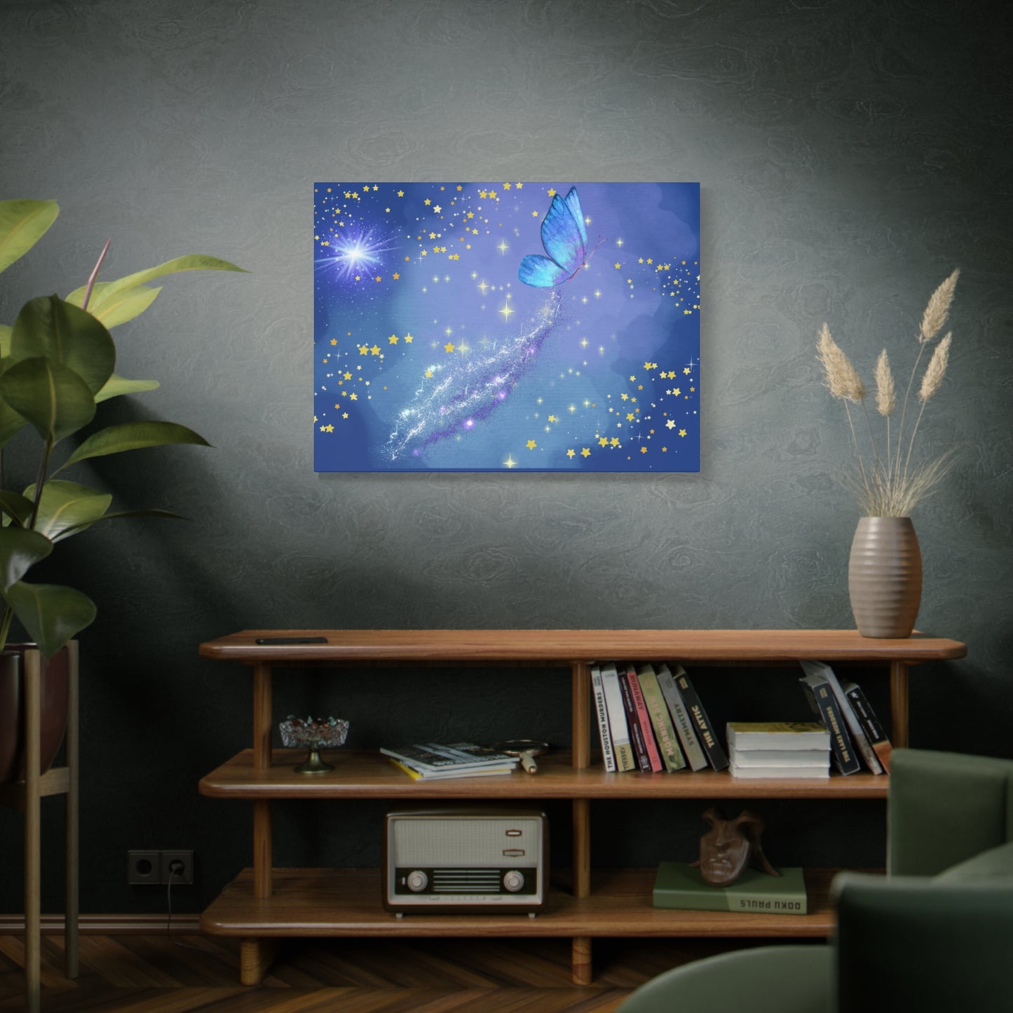 Celestial Butterfly Canvas Wall Art – Galaxy-Inspired Matte Print with Stars and Cosmic Trail