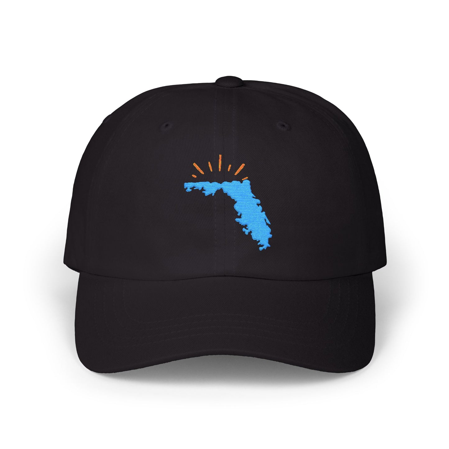 Black dad hat with blue Florida state outline and orange sun rays embroidered on the front — casual beach hat and Florida gift accessory.
