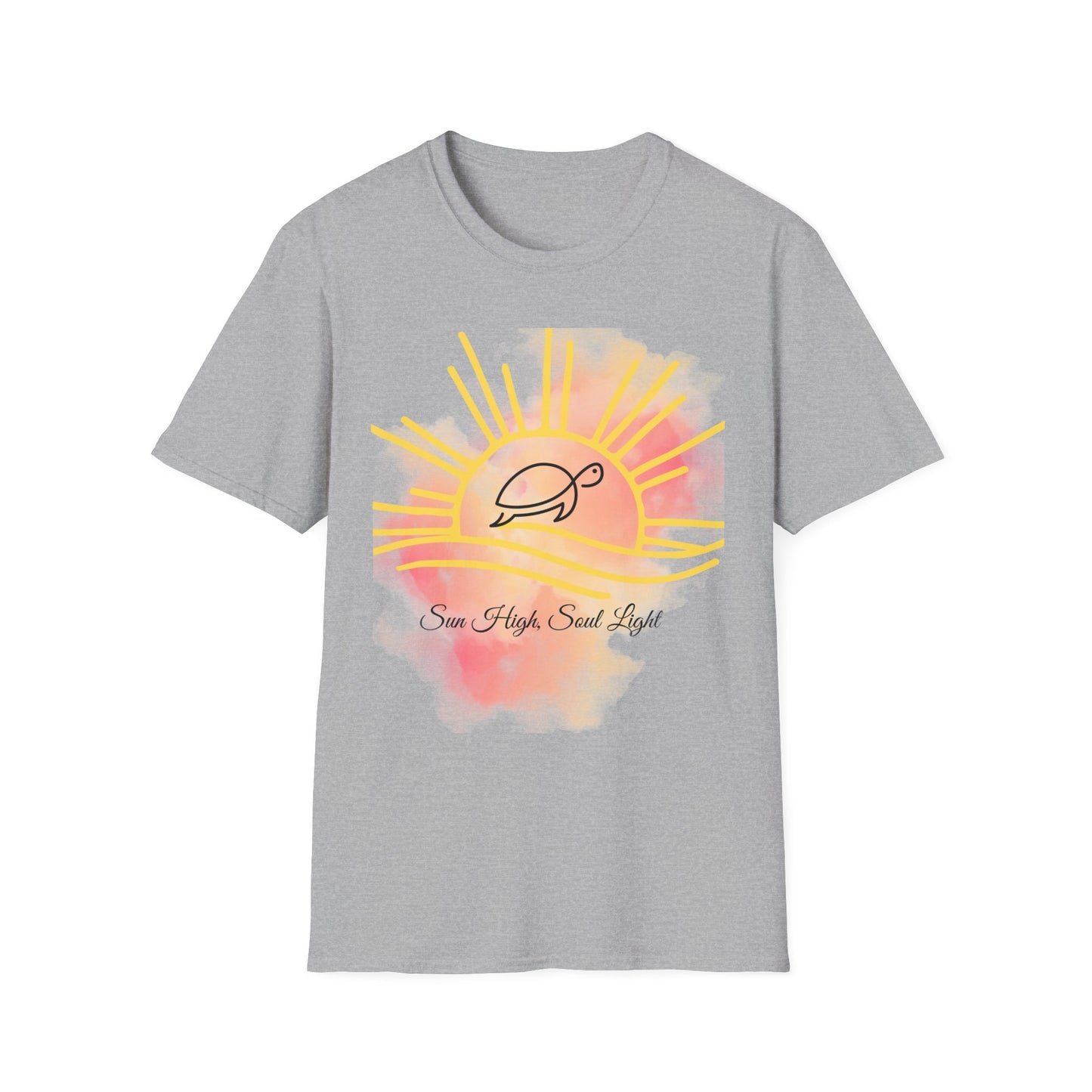 Sun High Soul Soft T-Shirt – Watercolor Sunrise & Turtle Tee | Uplifting Coastal Shirt