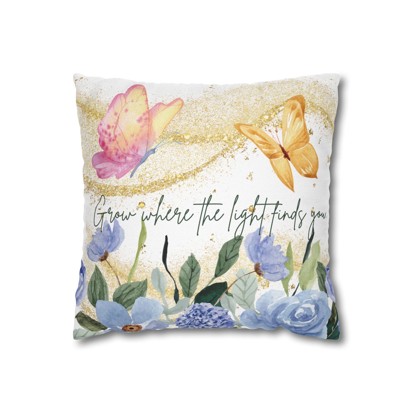 Butterfly & Floral Quote Pillow – “Grow Where the Light Finds You” Watercolor Cushion