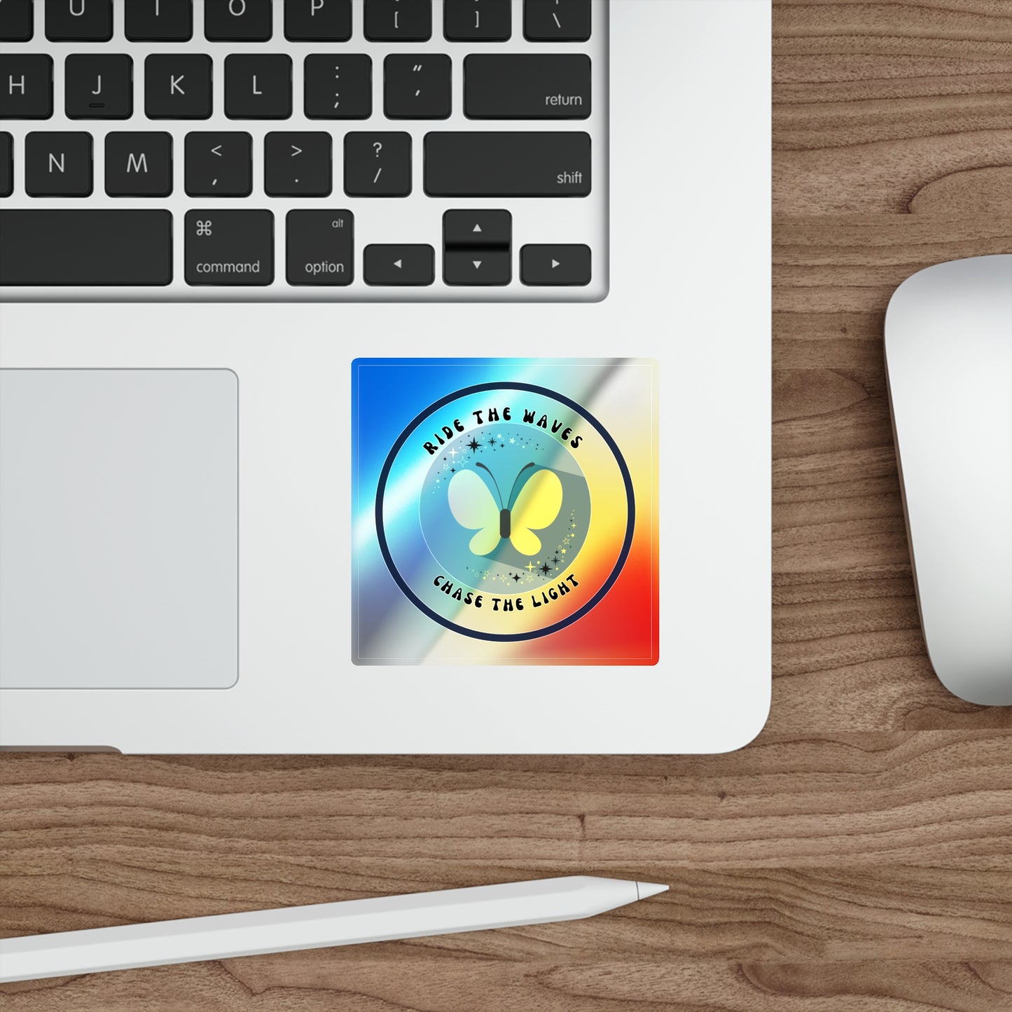 Holographic “Ride the Waves, Chase the Light” Butterfly Sticker – Motivational Decal for Laptop, Water Bottle & Journals