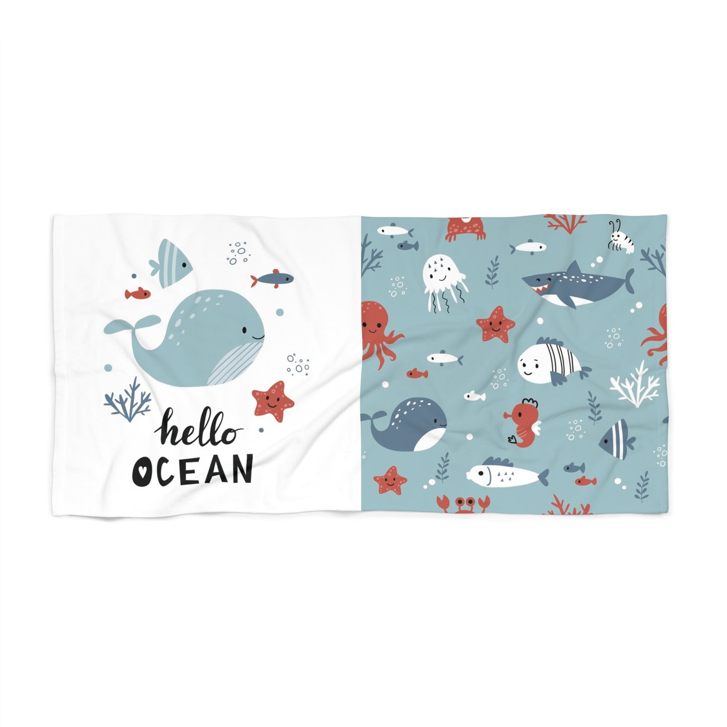 Hello Ocean Beach Towel - Fun Marine Life Design for Beach LoversHello Ocean Kids Beach Towel – Whales, Sharks & Sea Animals Print – Fun Coastal Summer Towel