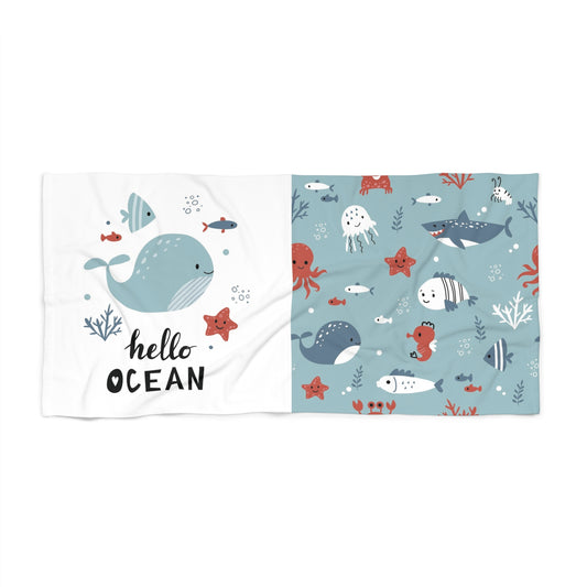 Hello Ocean Beach Towel - Fun Marine Life Design for Beach LoversHello Ocean Kids Beach Towel – Whales, Sharks & Sea Animals Print – Fun Coastal Summer Towel