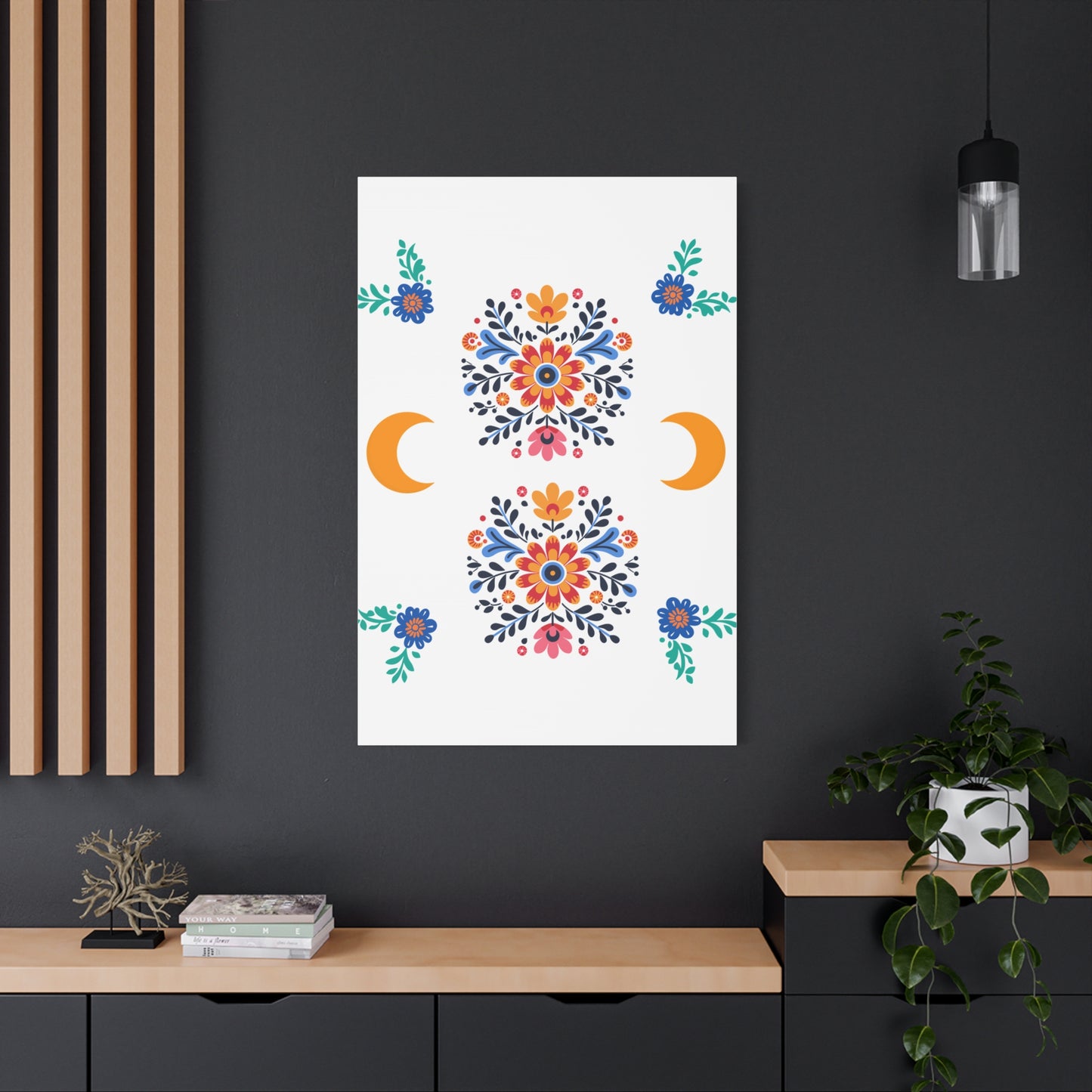 Celestial Bloom Canvas Wall Art – Moon & Floral Folk Art Print | Mystical Home Decor | Stardust Cove Exclusive